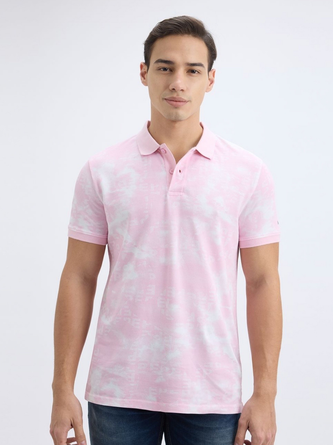 

Pepe Jeans Men Abstract Printed Polo Collar Cotton T-shirt, Pink