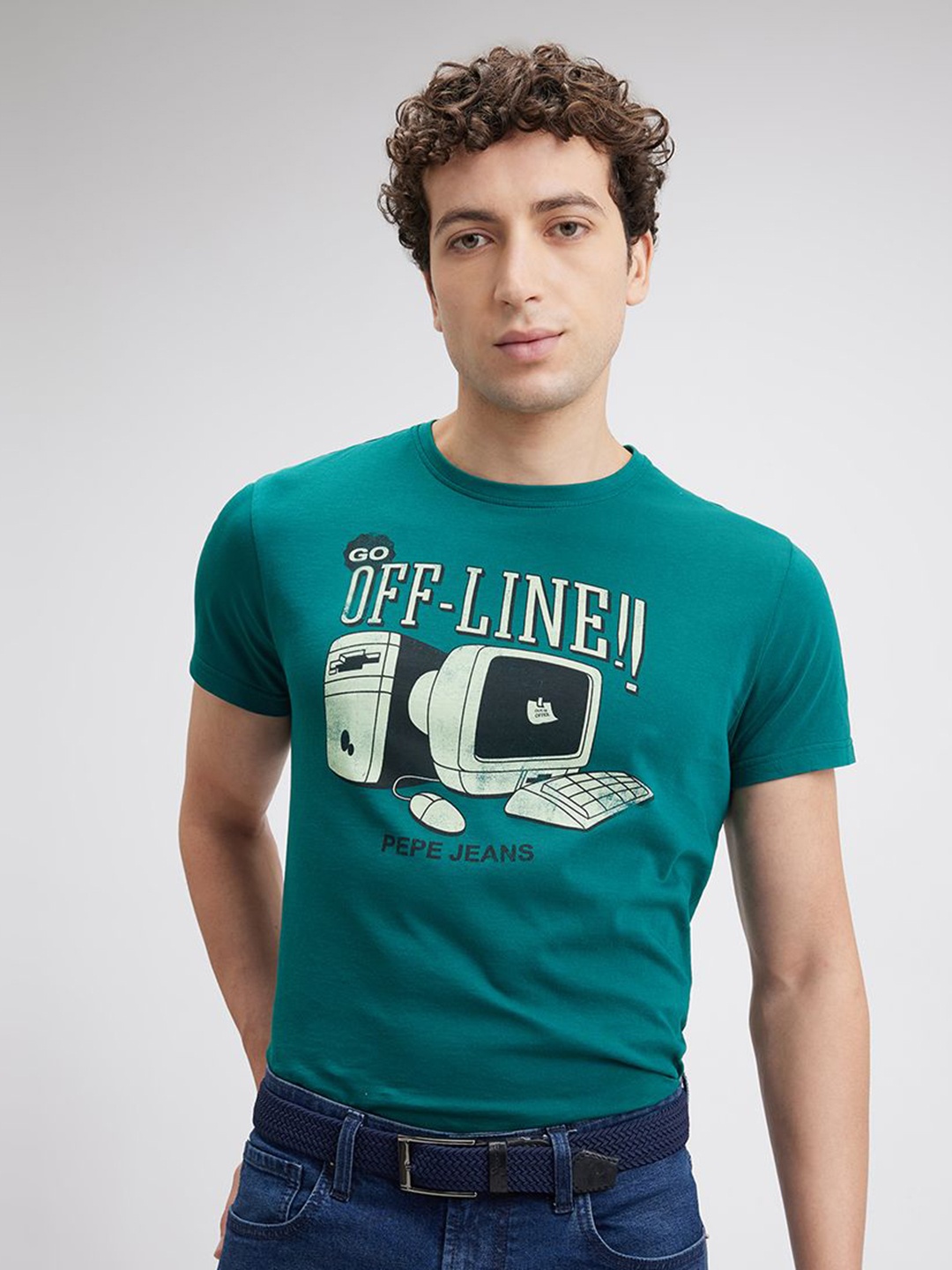 

Pepe Jeans Men Graphic Printed Round Neck Cotton Slim Fit T-shirt, Teal