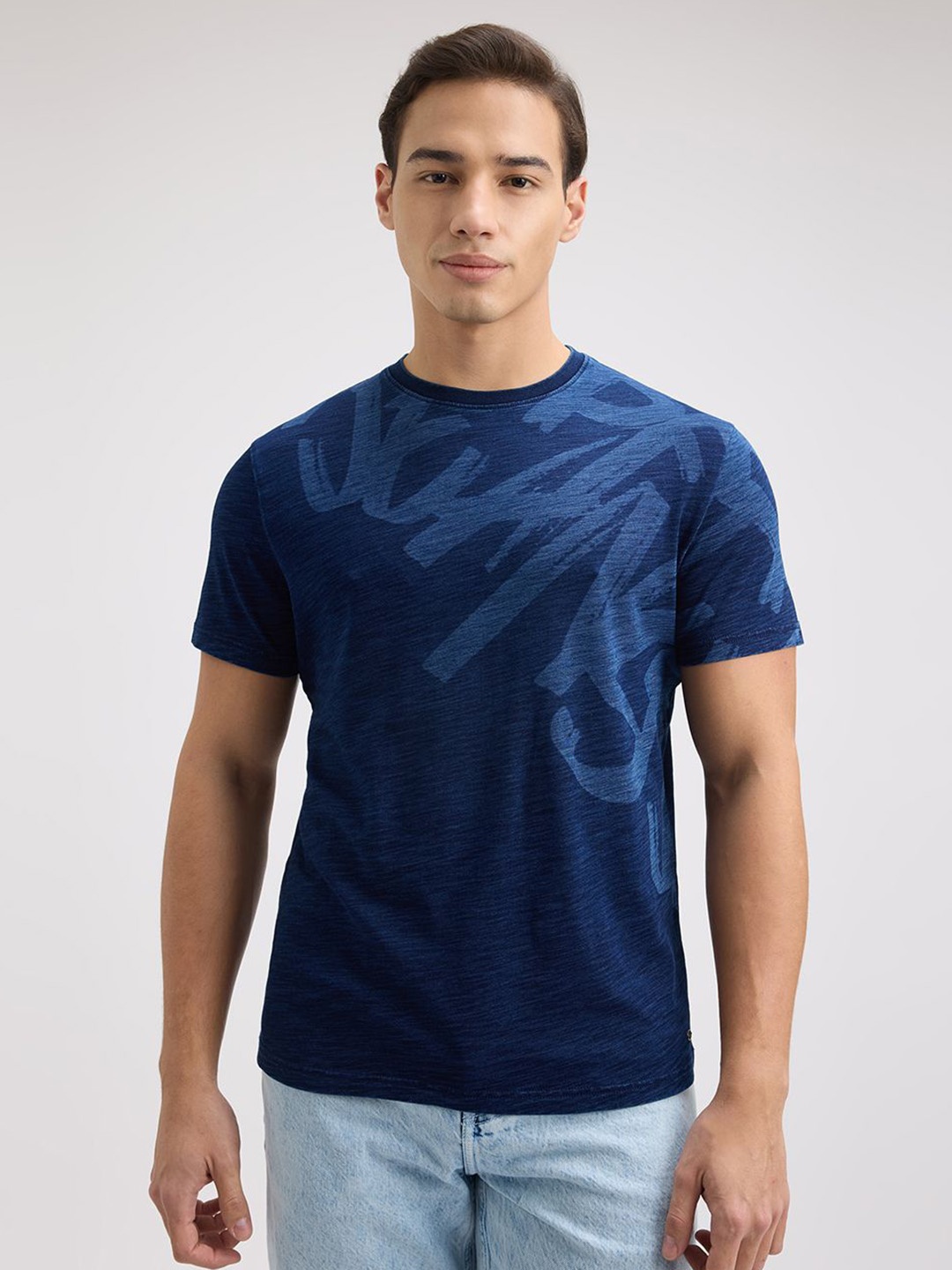

Pepe Jeans Men Typography Printed Round Neck Cotton Slim Fit T-shirt, Blue