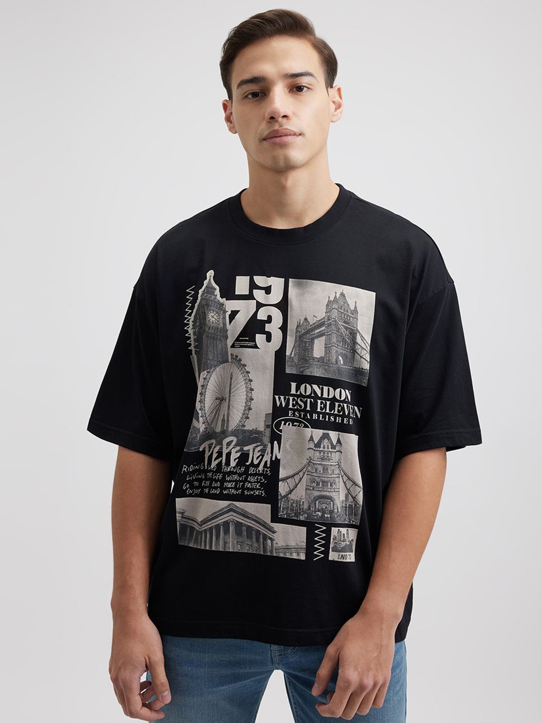 

Pepe Jeans Men Graphic Printed Round Neck Cotton Oversized T-shirt, Black