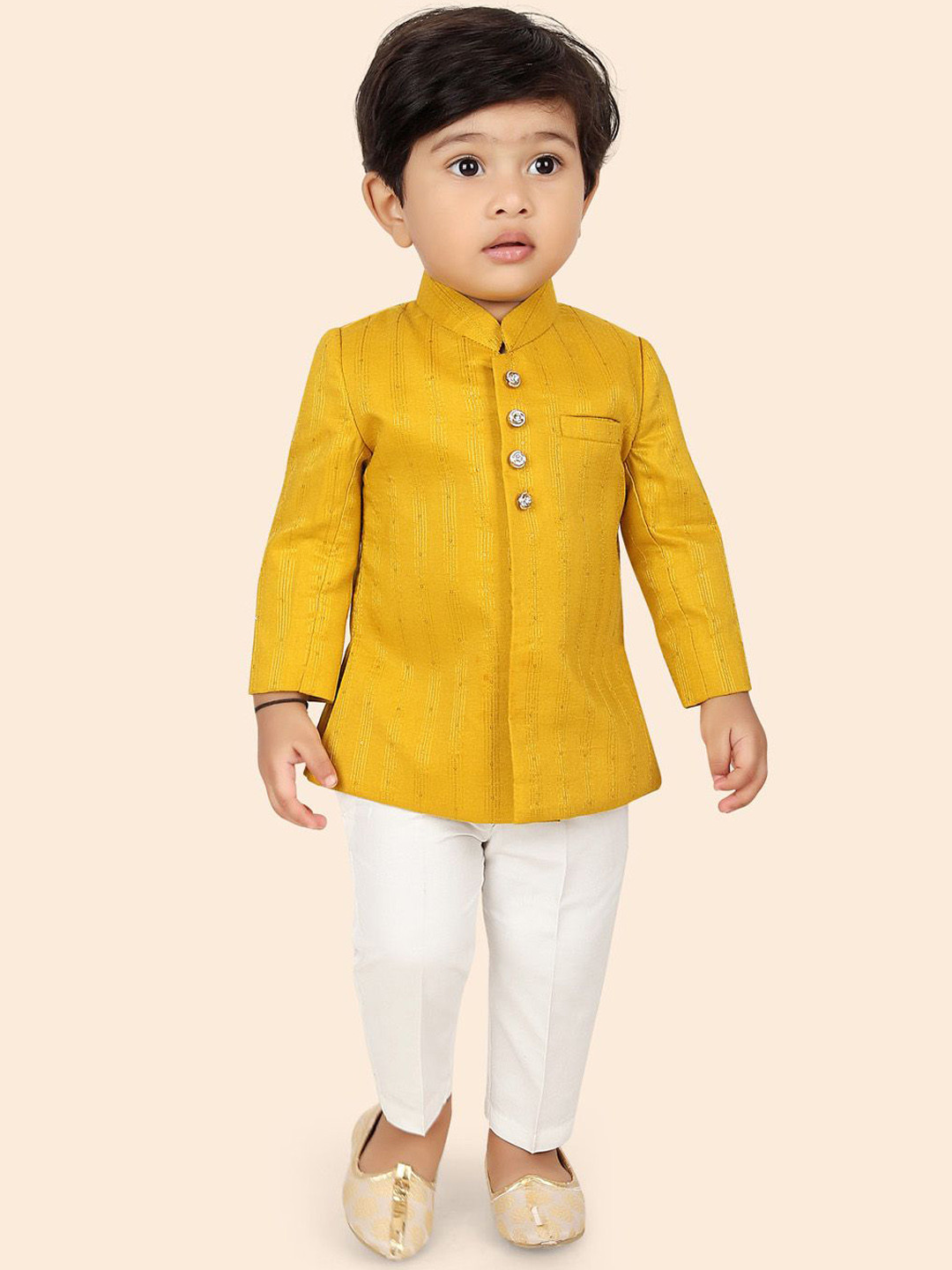

Ethniks Neu-Ron Boys Striped Mandarin Collar Straight Kurta With Trouser, Yellow