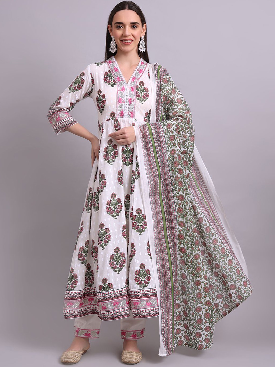 

aayusika Floral Embroidered Pure Cotton Anarkali Kurta with Trousers & Dupatta, Off white