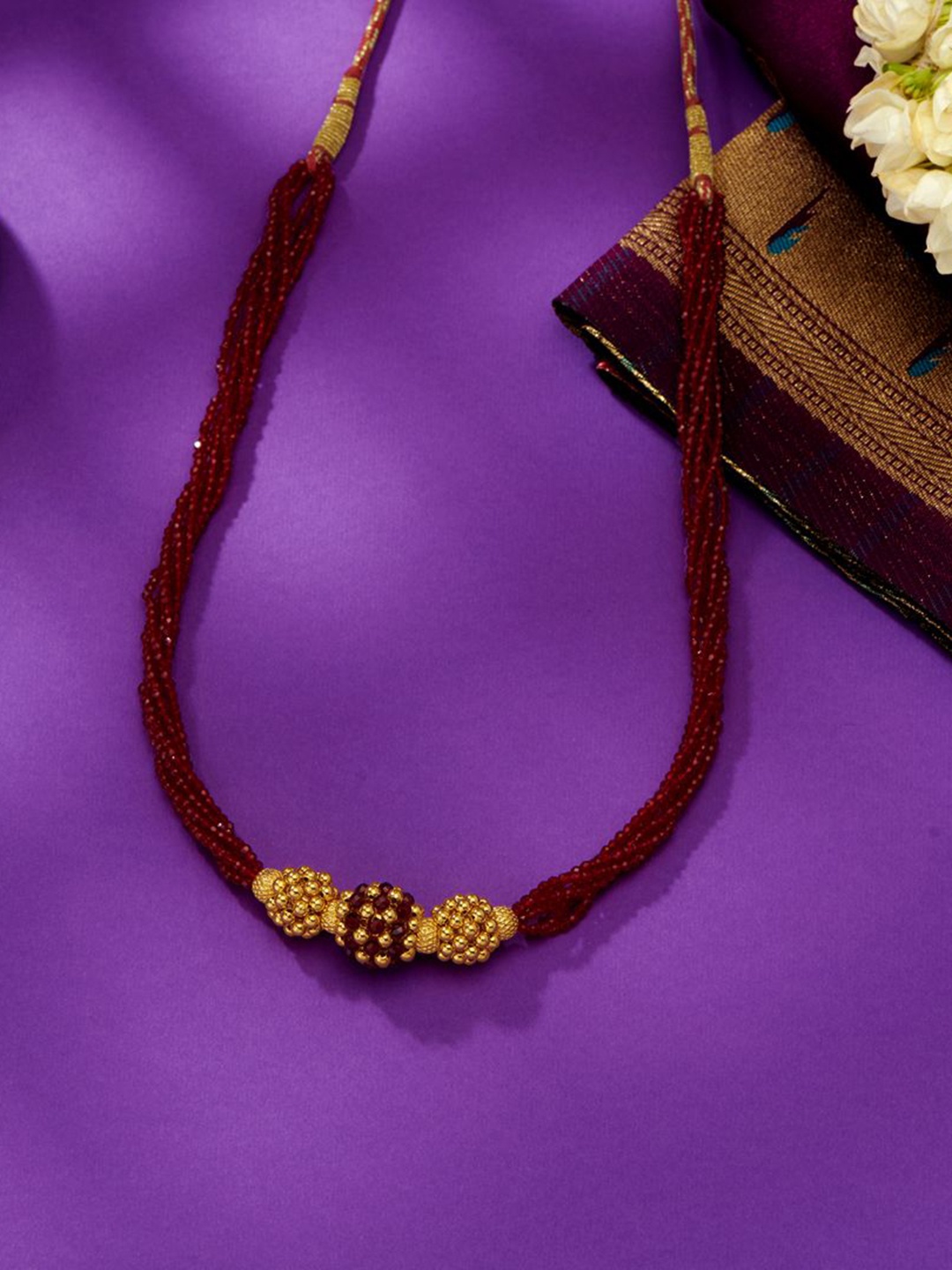 

P N GADGIL JEWELLERS Women Maroon Radiance 22KT Yellow Gold Thushi Necklace 1.16g
