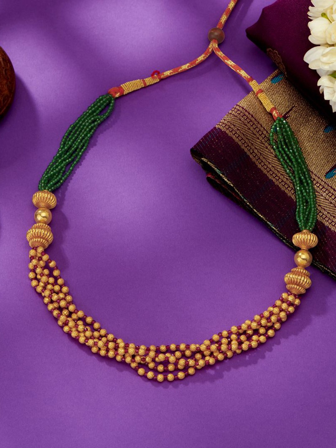 

P N GADGIL JEWELLERS Green Grace Yellow Gold Thushi Necklace For Woman