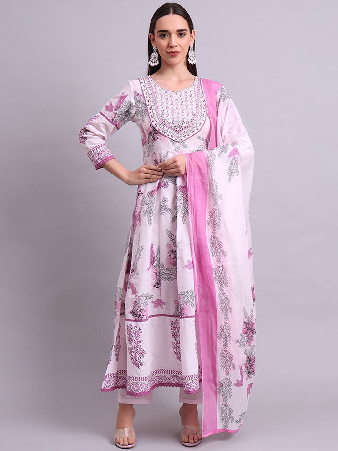 

aayusika Floral Printed Pure Cotton Panelled Anarkali Kurta With Trousers And Dupatta, Pink