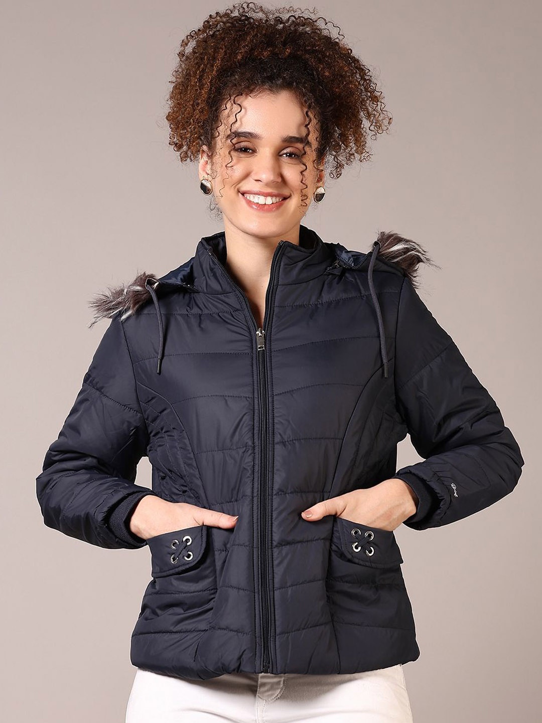 

V-Mart Women Hooded Solid Cotton Casual Parka Jacket, Navy blue