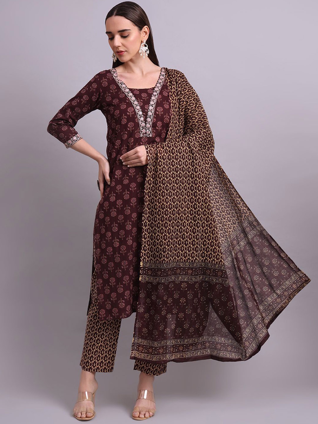

aayusika Floral Printed Square Neck Pure Cotton Straight Kurta With Trousers & Dupatta, Brown