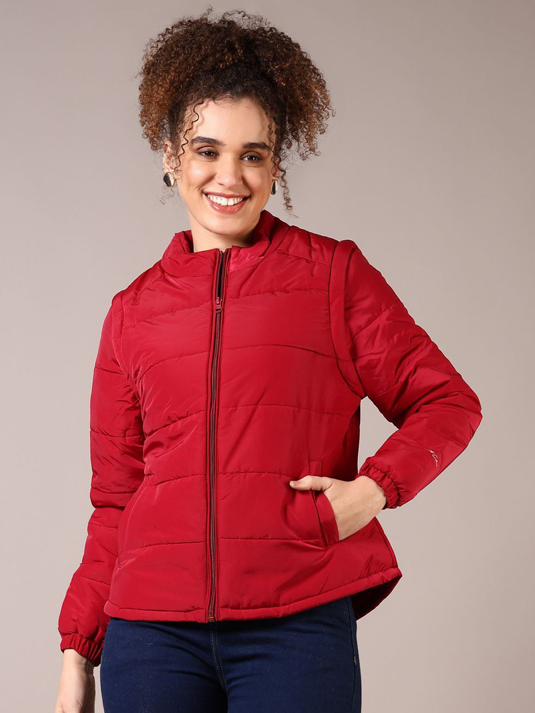 

V-Mart Women Mock Collar Solid Cotton Casual Padded Jacket, Red