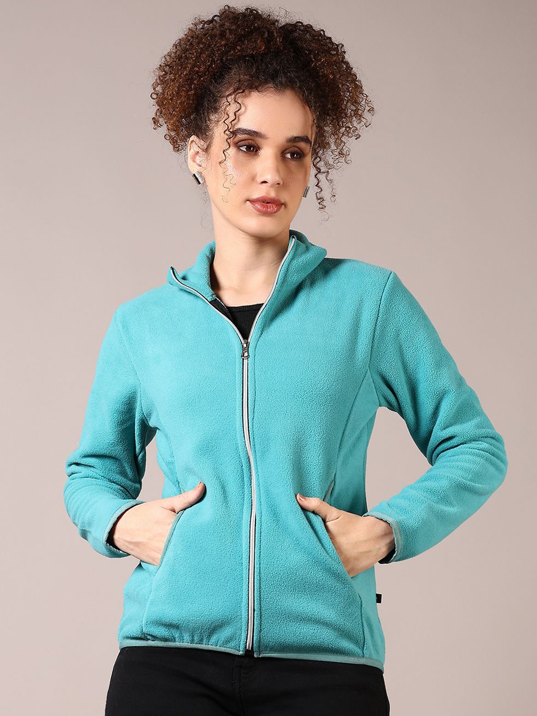 

V-Mart Women Mock Collar Solid Cotton Casual Tailored Jacket, Turquoise blue