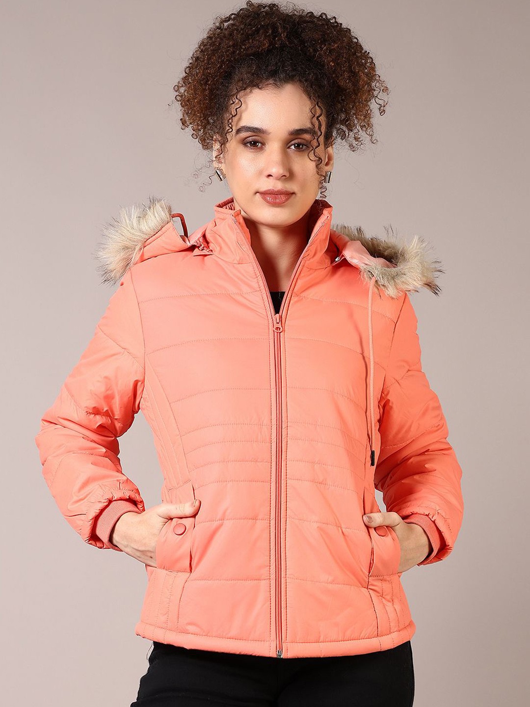 

V-Mart Women Hooded Solid Cotton Casual Parka Jacket, Peach