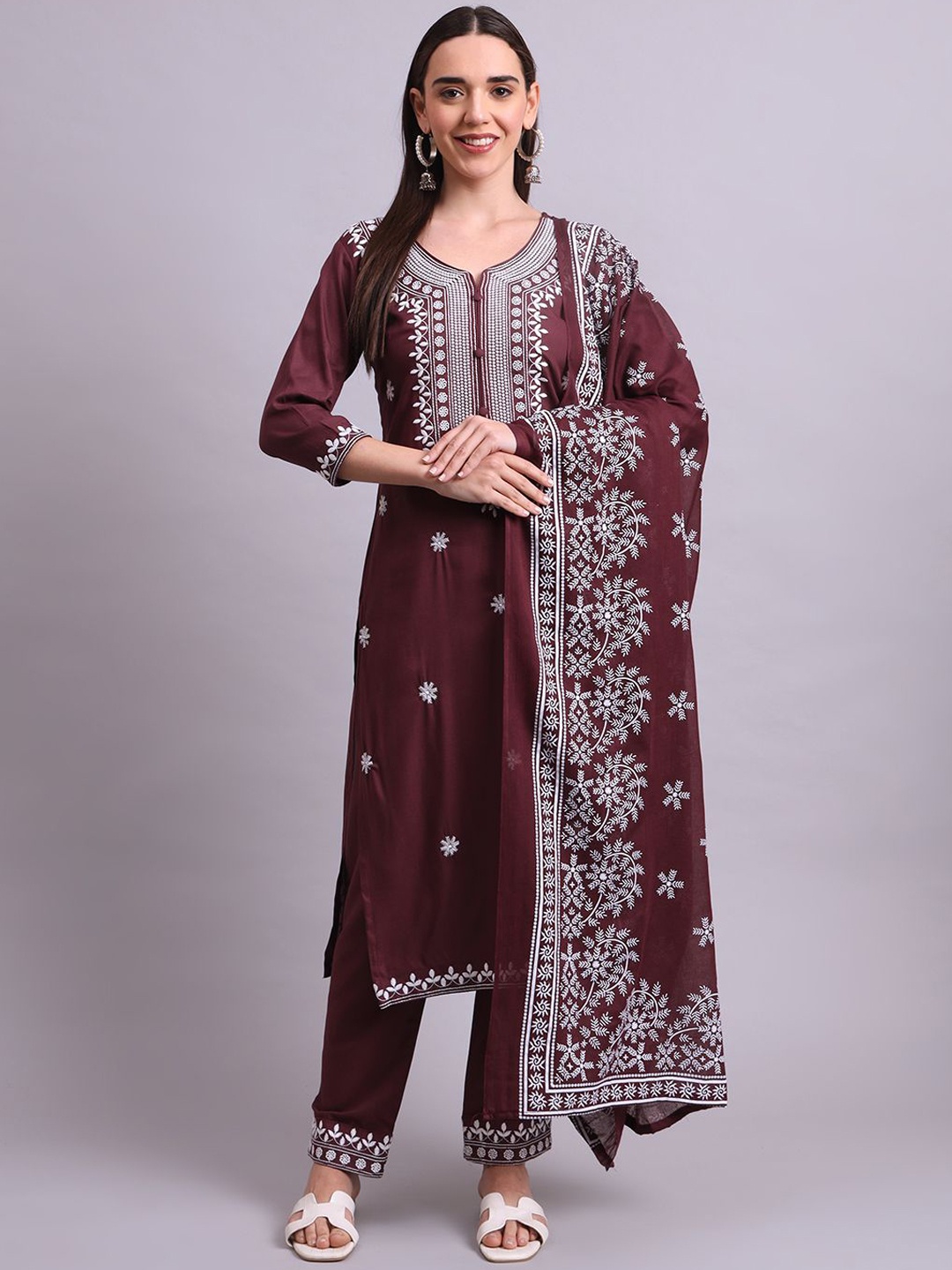 

aayusika Floral Embroidered Straight Kurta With Trousers & Dupatta, Brown