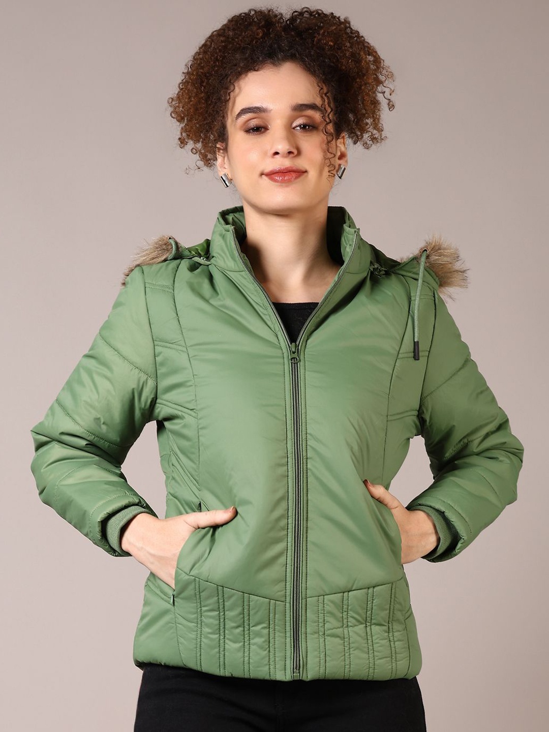 

V-Mart Women Hooded Solid Cotton Casual Parka Jacket, Green