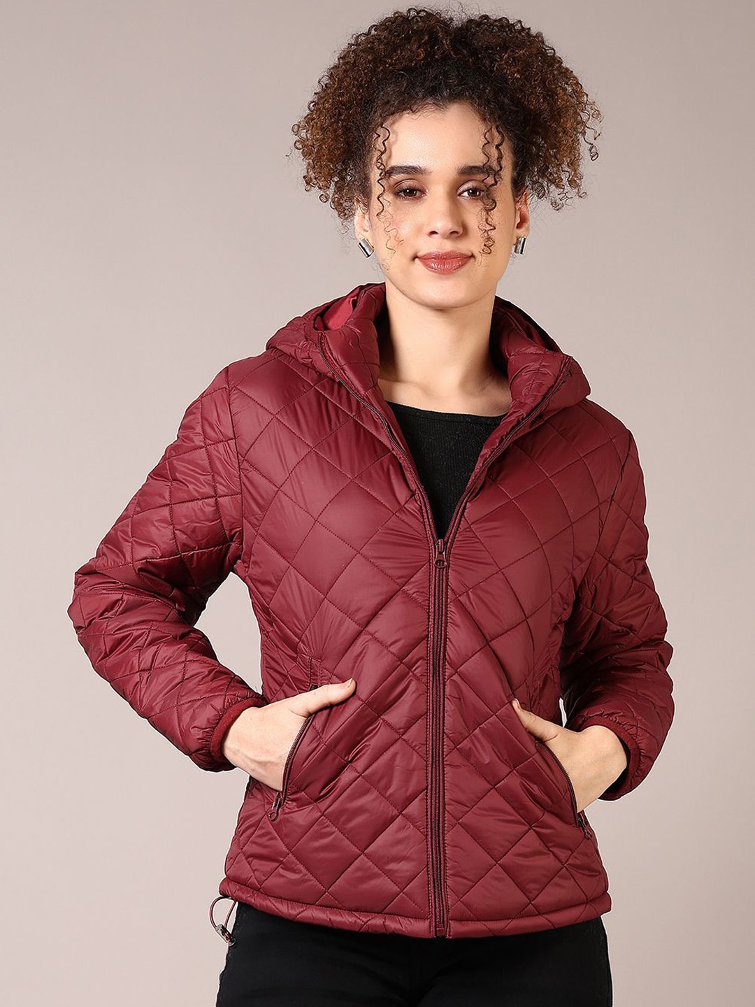 

V-Mart Women Hooded Solid Cotton Casual Quilted Jacket, Maroon