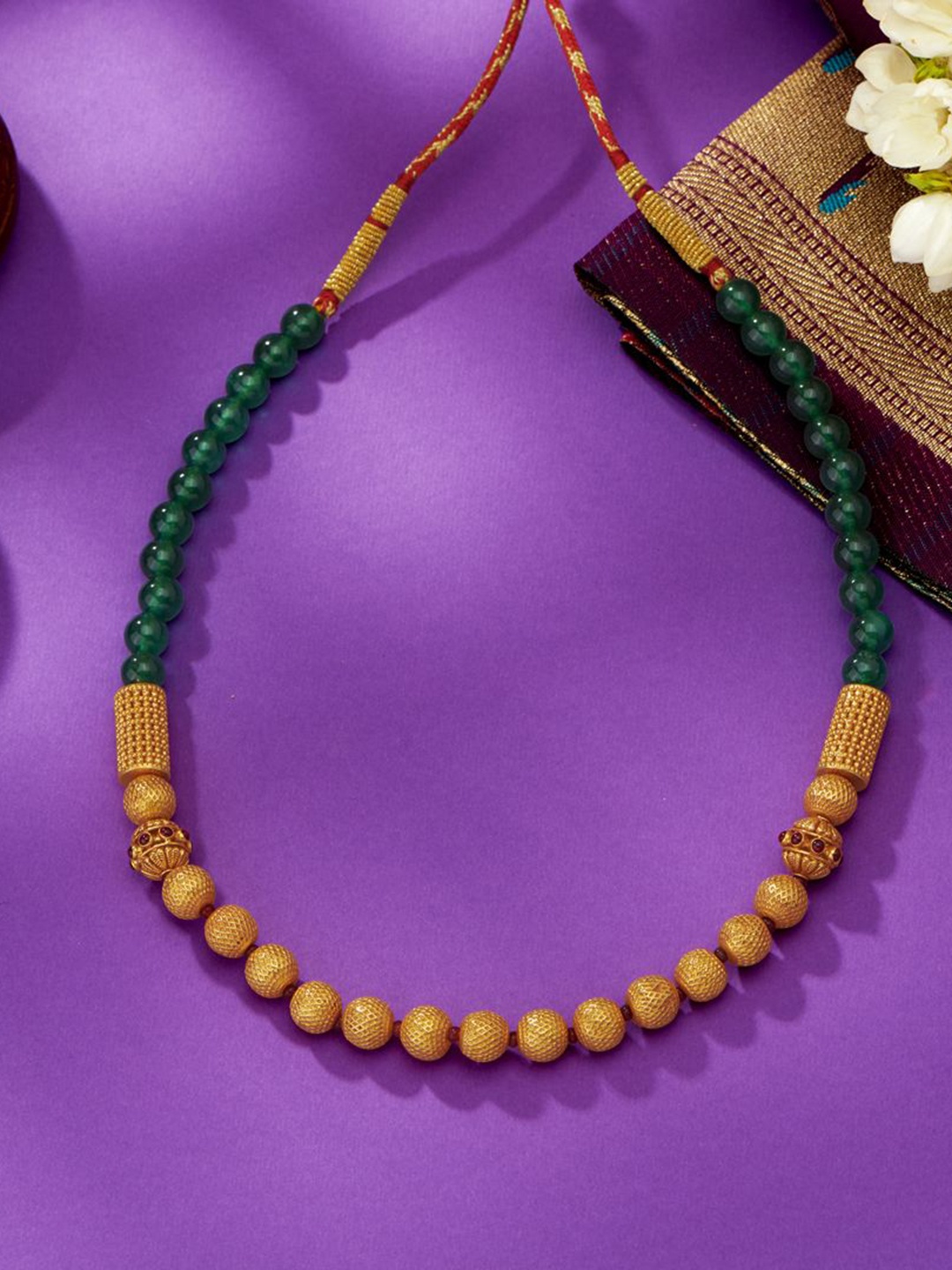 

P N GADGIL JEWELLERS Green Amulet Yellow Gold Thushi Necklace For Woman