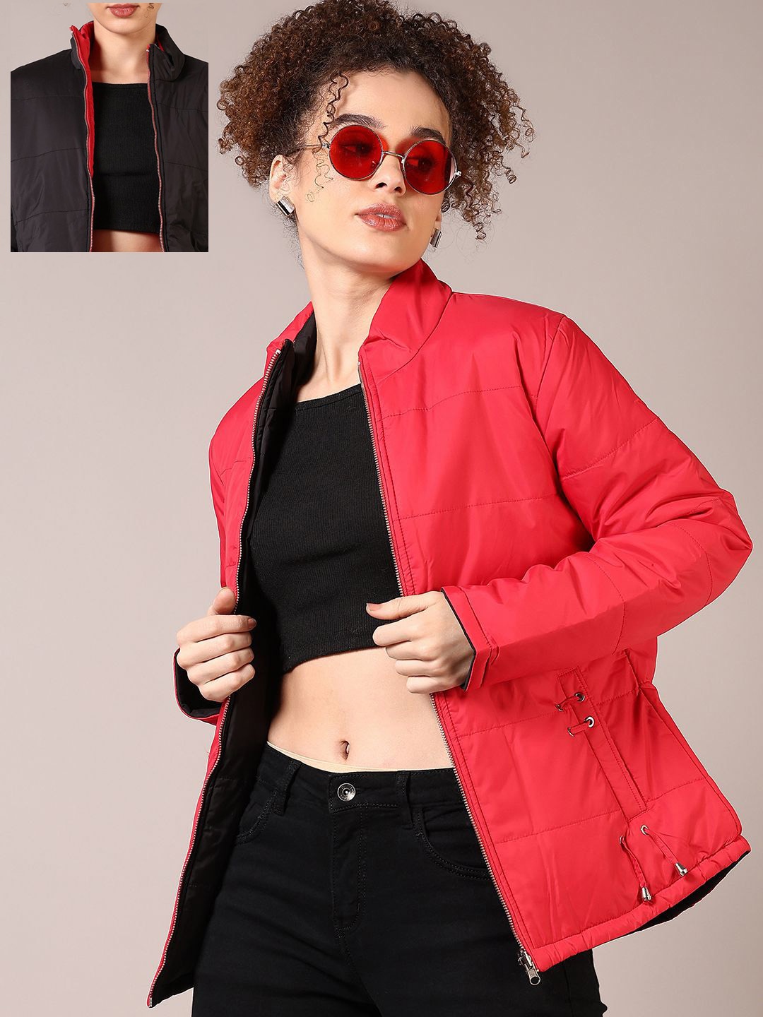 

V-Mart Women Mock Collar Solid Cotton Casual Reversible Padded Jacket, Red