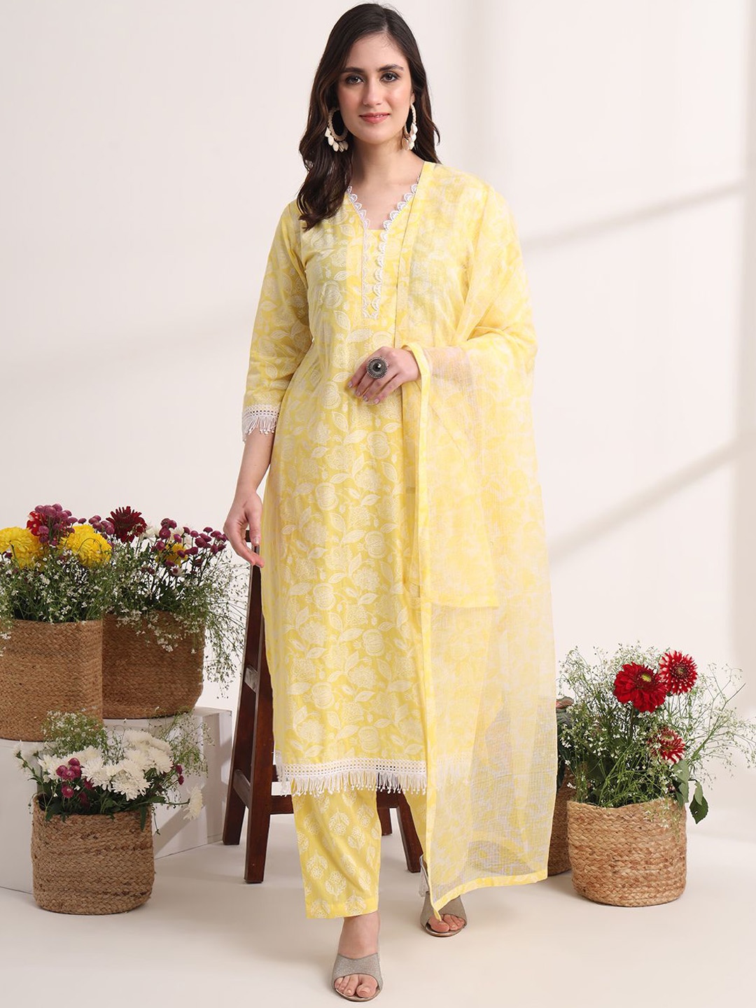 

Yufta Floral Embroidered Pure Cotton Straight Kurta with Trousers & Dupatta, Yellow