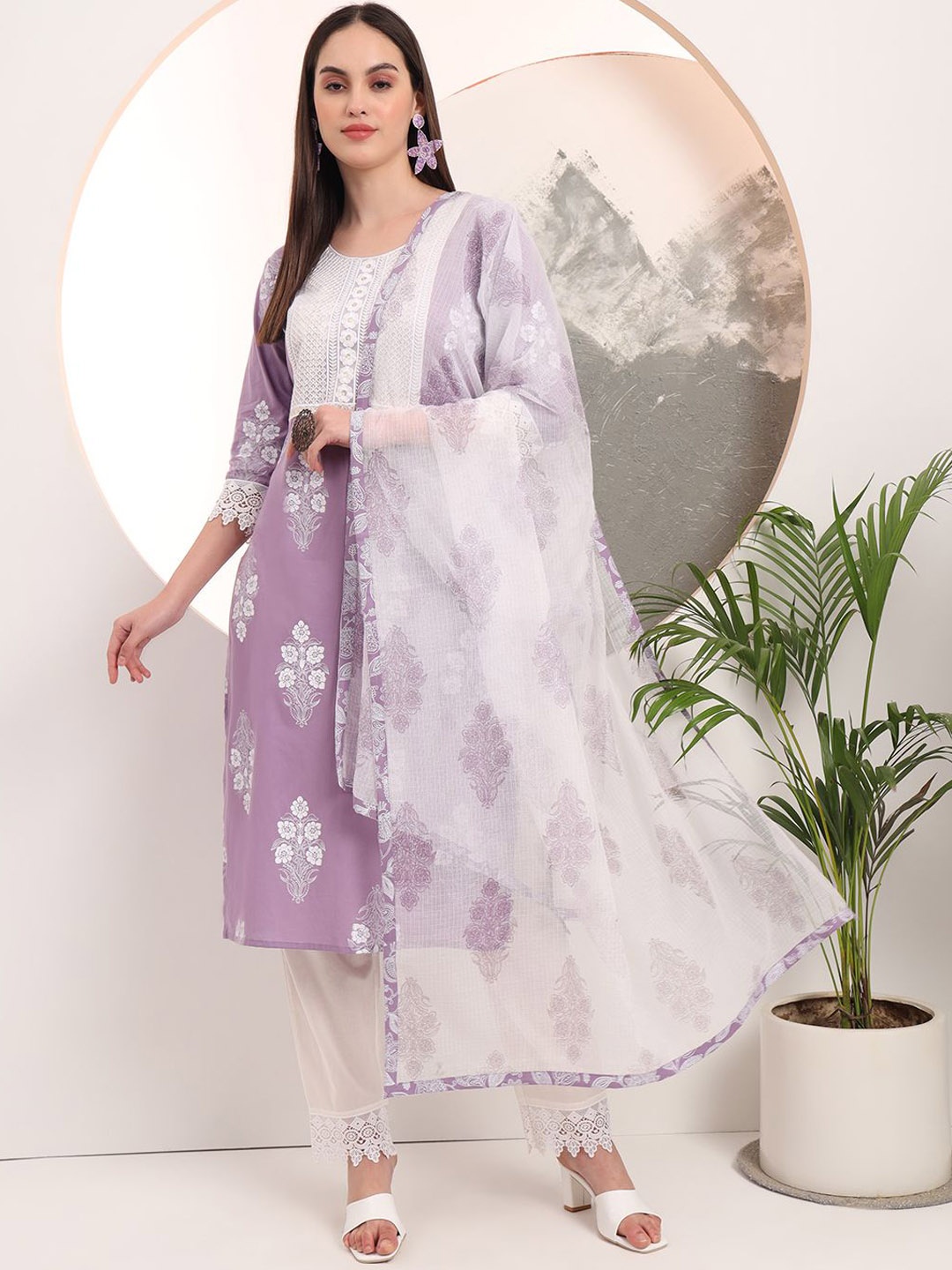 

Yufta Floral Embroidered Pure Cotton Straight Kurta with Trousers & Dupatta, Purple