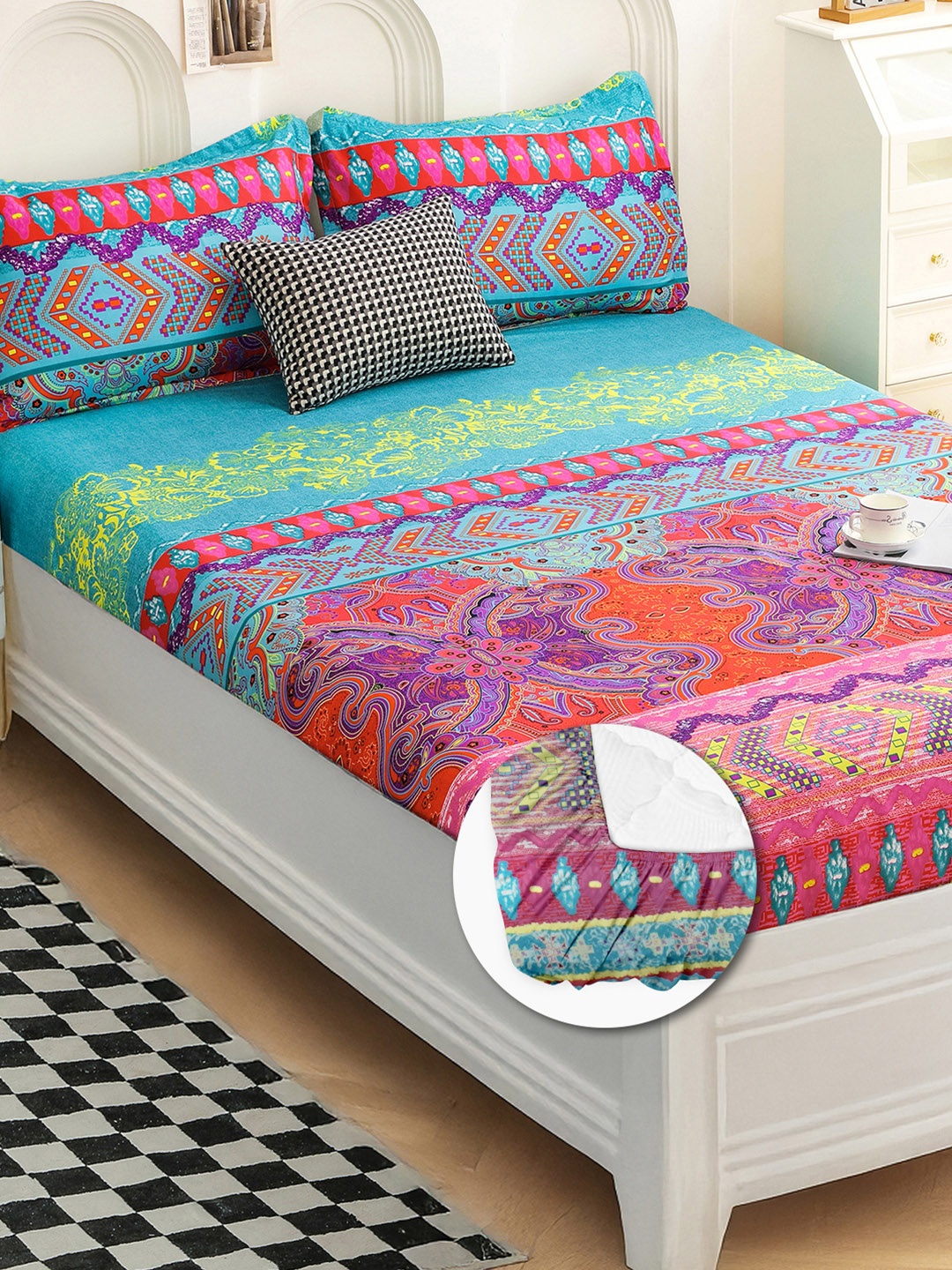 

Story@home Purple & Orange Abstract Printed 240 TC Satin Finish Fitted Queen Bedsheet Set