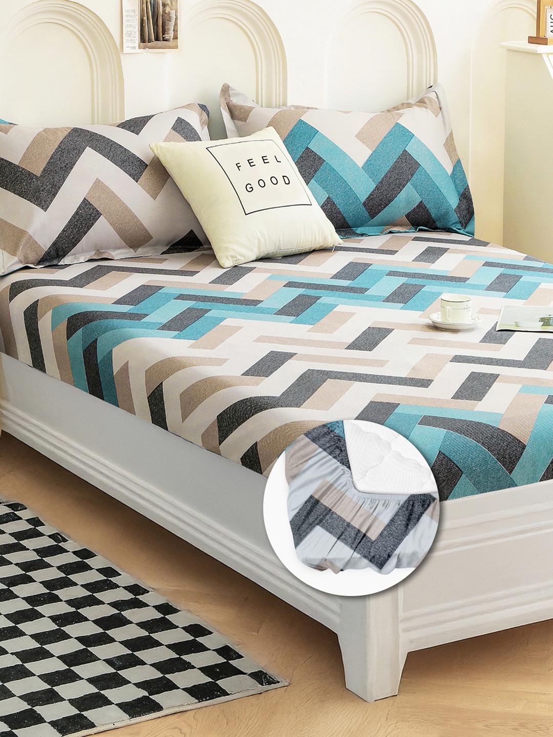 

Story@home Turquoise Blue & White Geometric 240 TC Satin Finish Fitted Queen Bedsheet Set