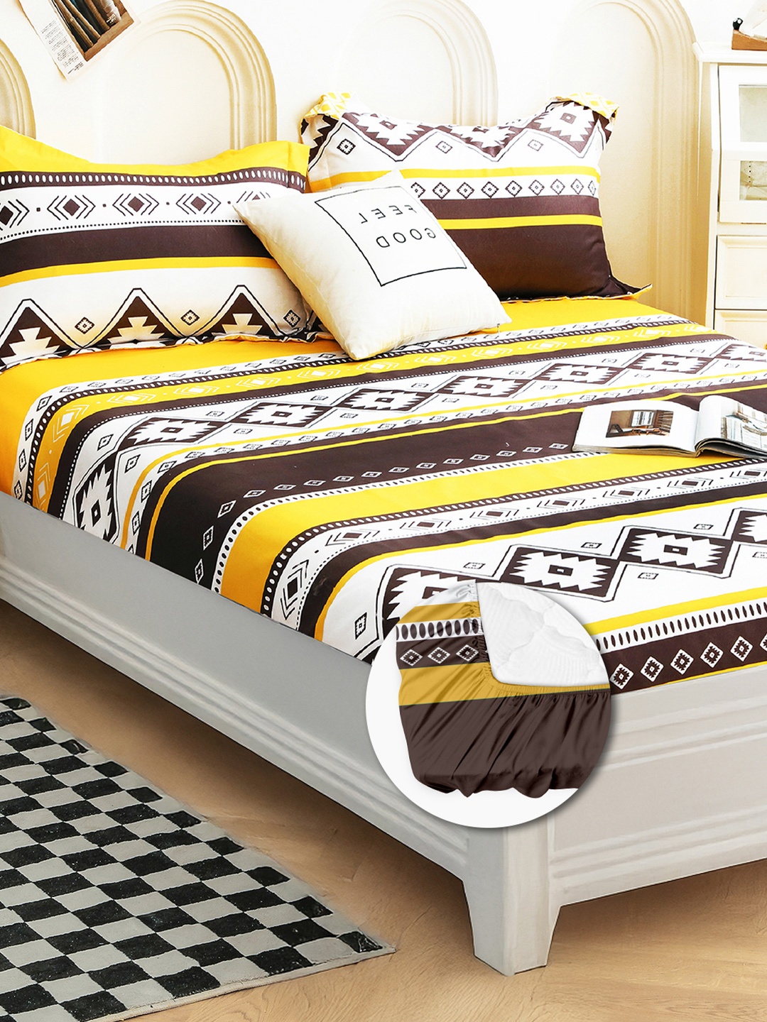 

Story@home Yellow & White Geometric 240 TC Satin Finish Fitted Queen Bedsheet Set