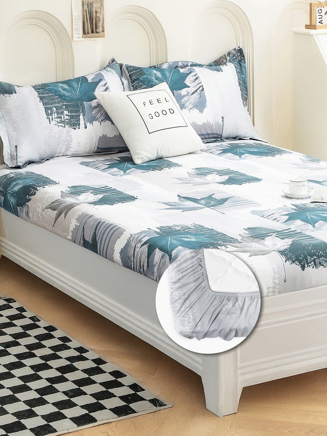 

Story@home White & Grey 240 TC Satin Finish Queen Fitted Bedsheet With 2 Pillow Covers