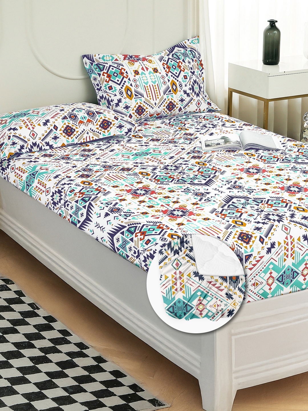 

Story@home White & Blue Abstract Printed 240 TC Satin Finish Fitted Queen Bedsheet Set