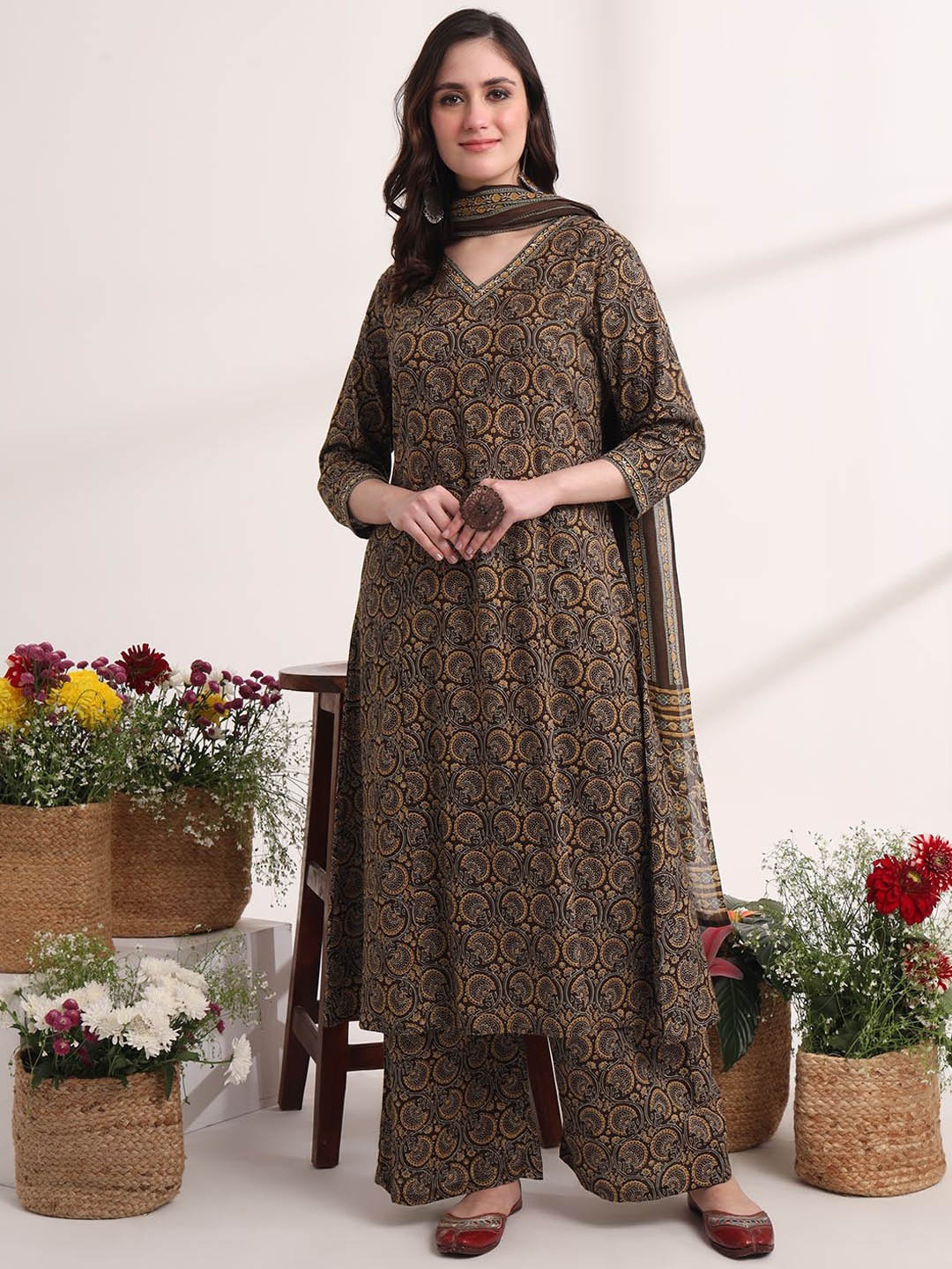 

Yufta Ethnic Motifs Embroidered Thread Work Pure Cotton Kurta with Palazzos & Dupatta, Brown