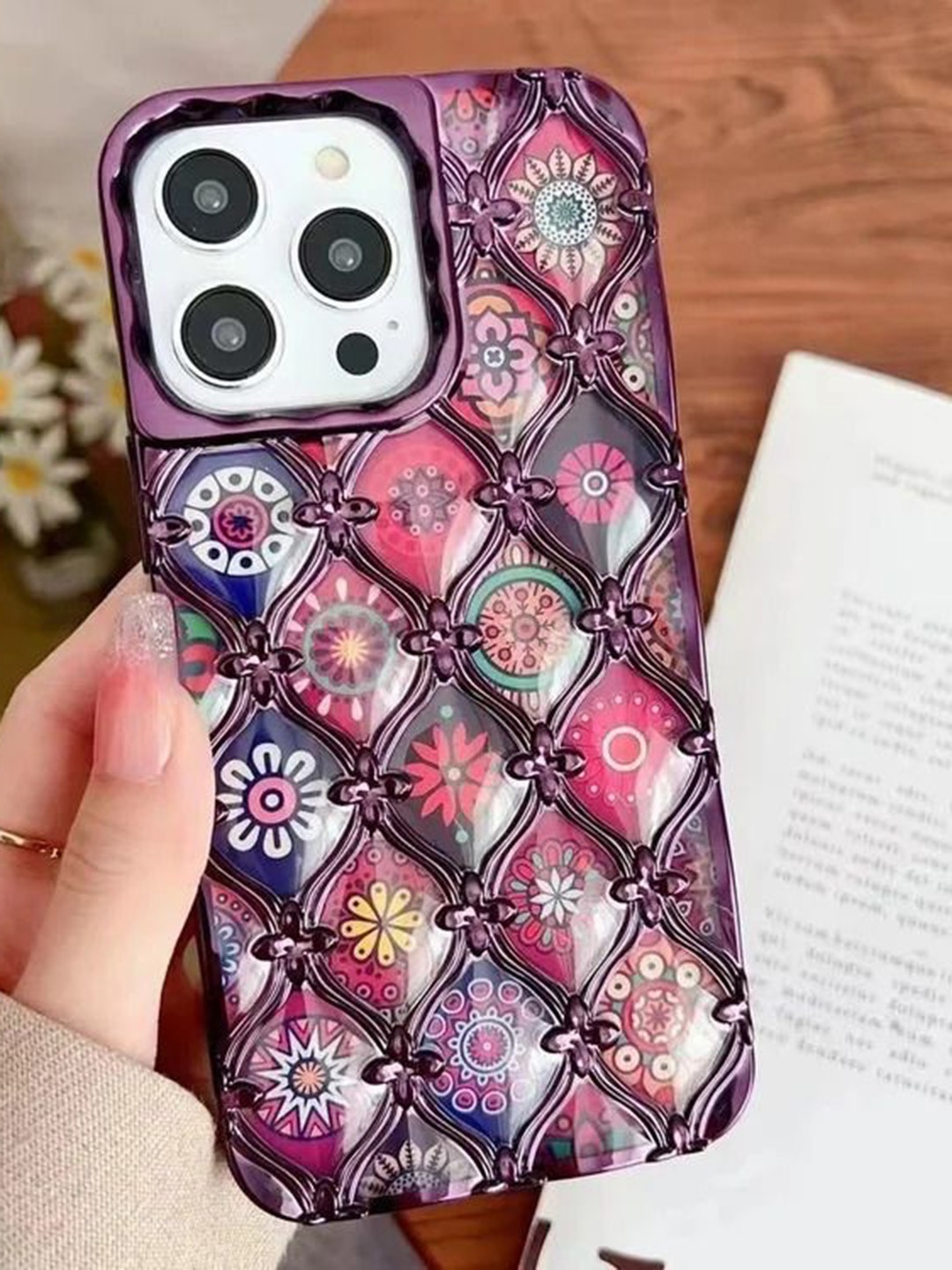

Luxury Kase LK125 Electroplated Shell Star Flower Pattern iPhone 15 Pro Back Case, Purple