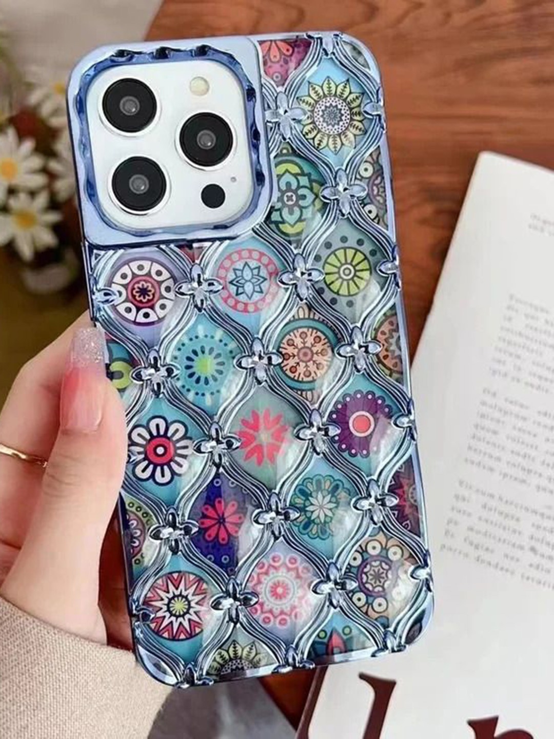 

Luxury Kase LK125 Electroplated Shell Star Flower Pattern Case iPhone 14 Pro Back Case, Blue