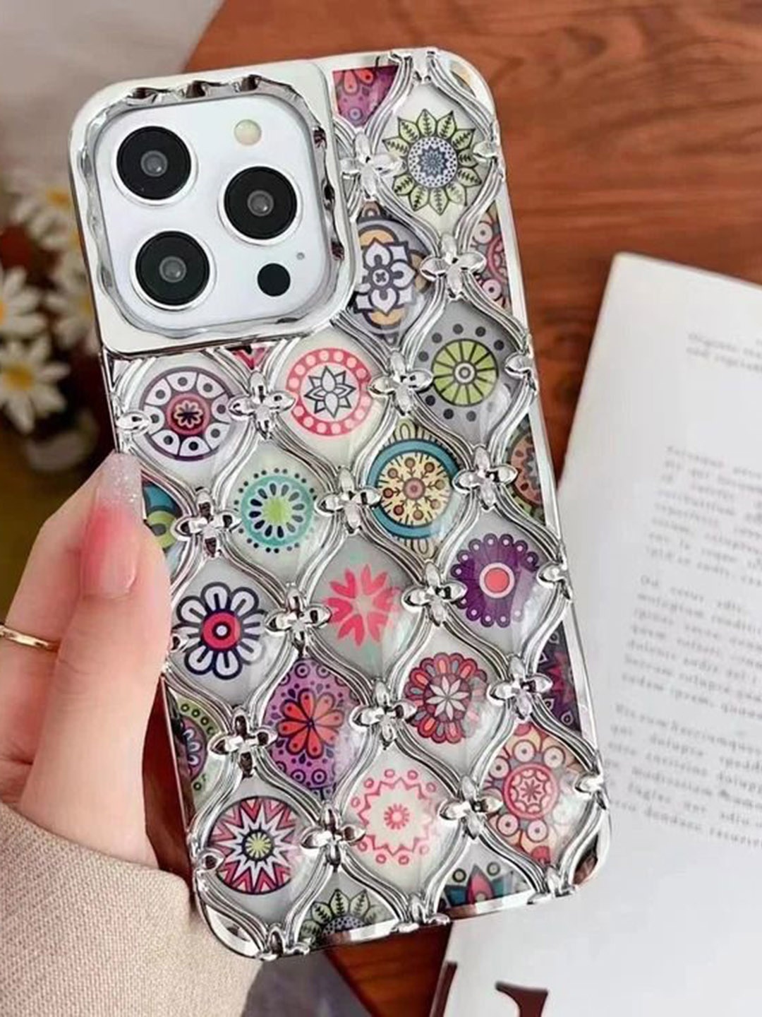 

Luxury Kase LK125 Electroplated Shell Star Flower Pattern iPhone 13 Pro Max Back Case, Silver