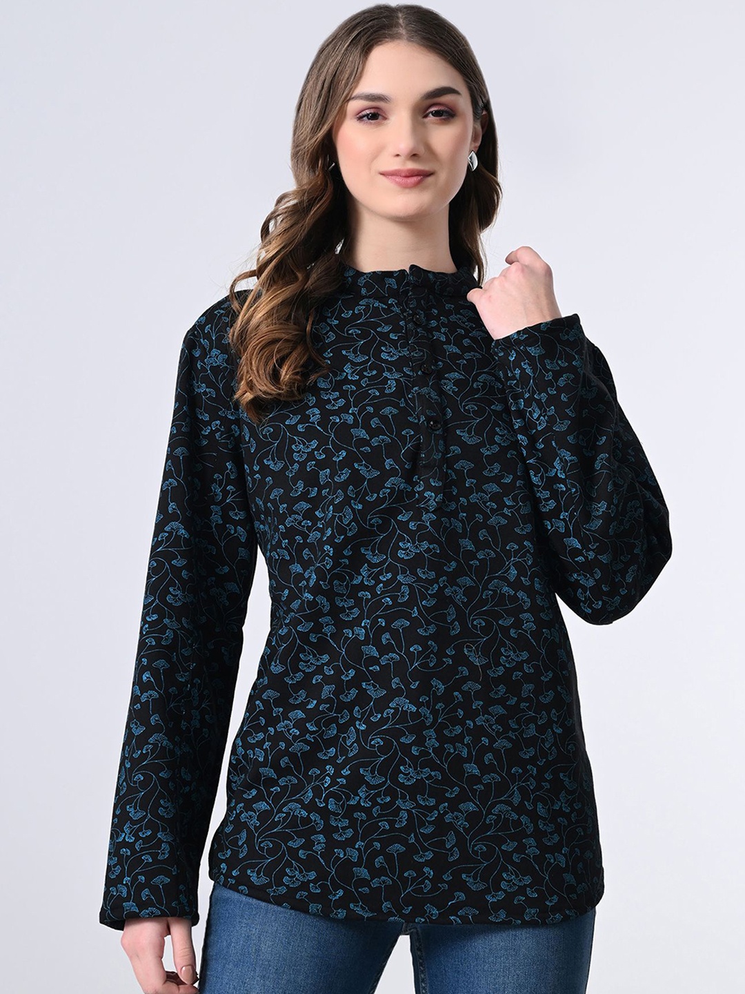 

BAESD Floral Printed Mandarin Collar Wool Straight Kurti, Black