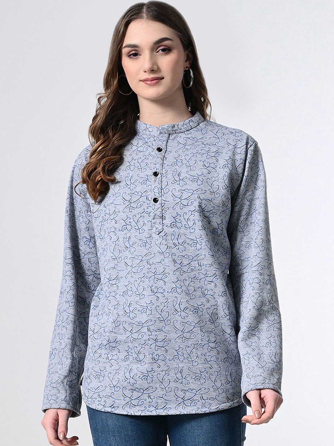 

BAESD Floral Printed Woolen Mandarin Collar Straight Kurti, Grey
