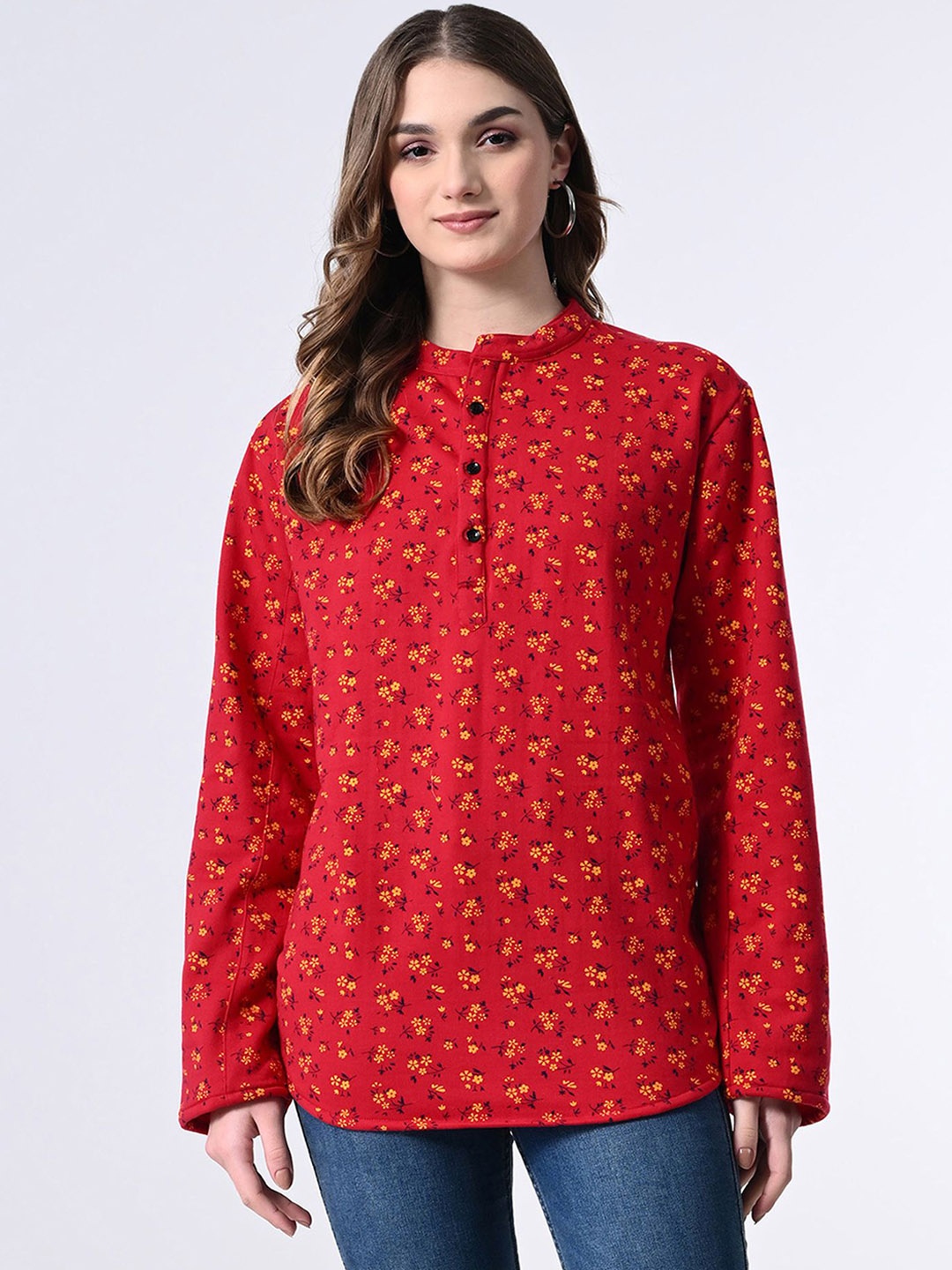 

BAESD Floral Printed Woolen Mandarin Collar Straight Kurti, Red