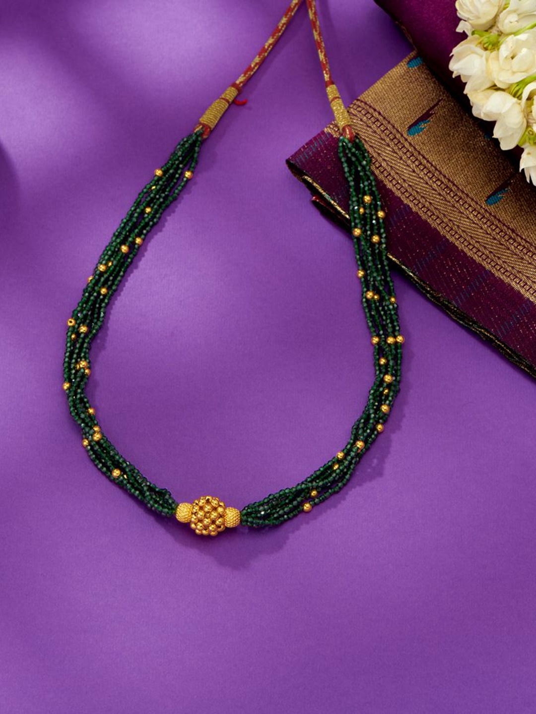 

P N GADGIL JEWELLERS Sapphire Green Yellow Gold Thushi Necklace For Woman
