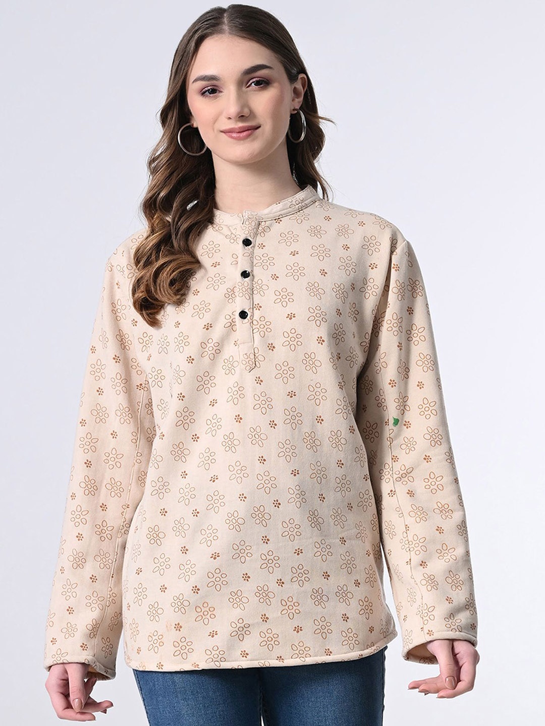 

BAESD Floral Printed Woolen Mandarin Collar Straight Kurti, Beige