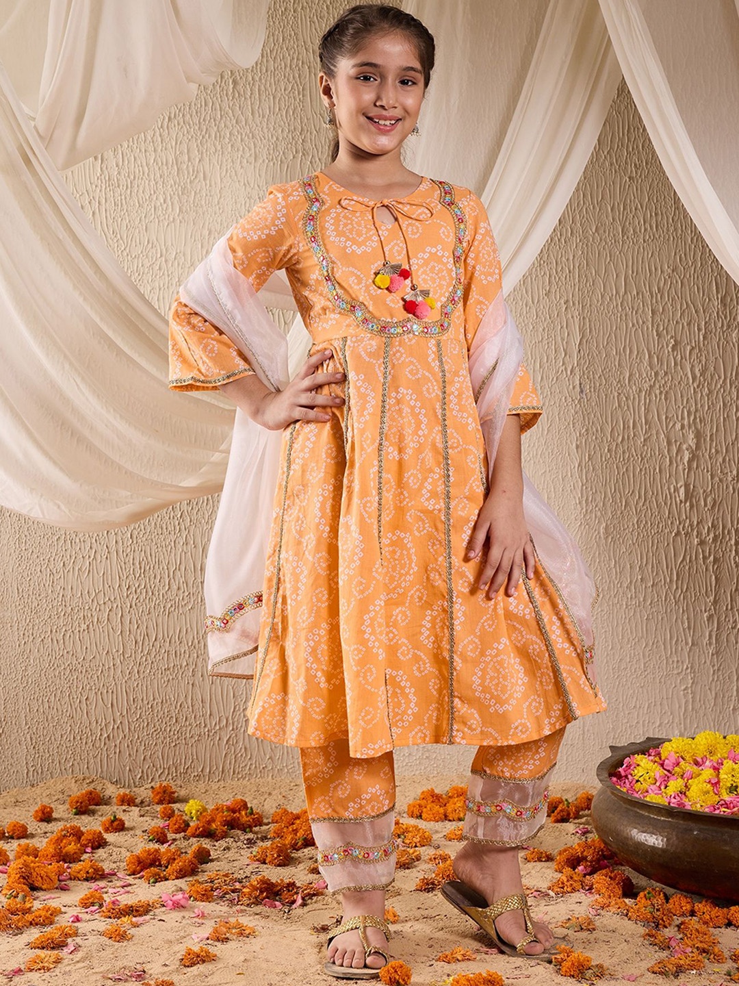 

pspeaches Girls Bandhani Printed Panelled Cotton Anarkali Kurta With Trouser & Dupatta, Orange