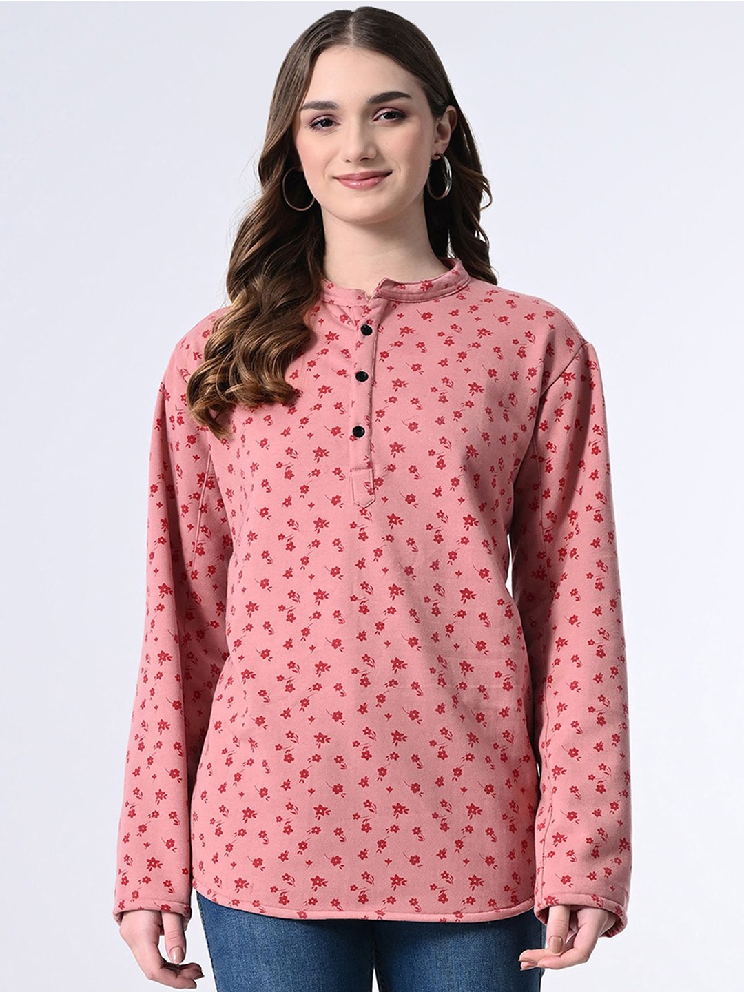 

BAESD Floral Printed Mandarin Collar Wool Straight Kurti, Pink