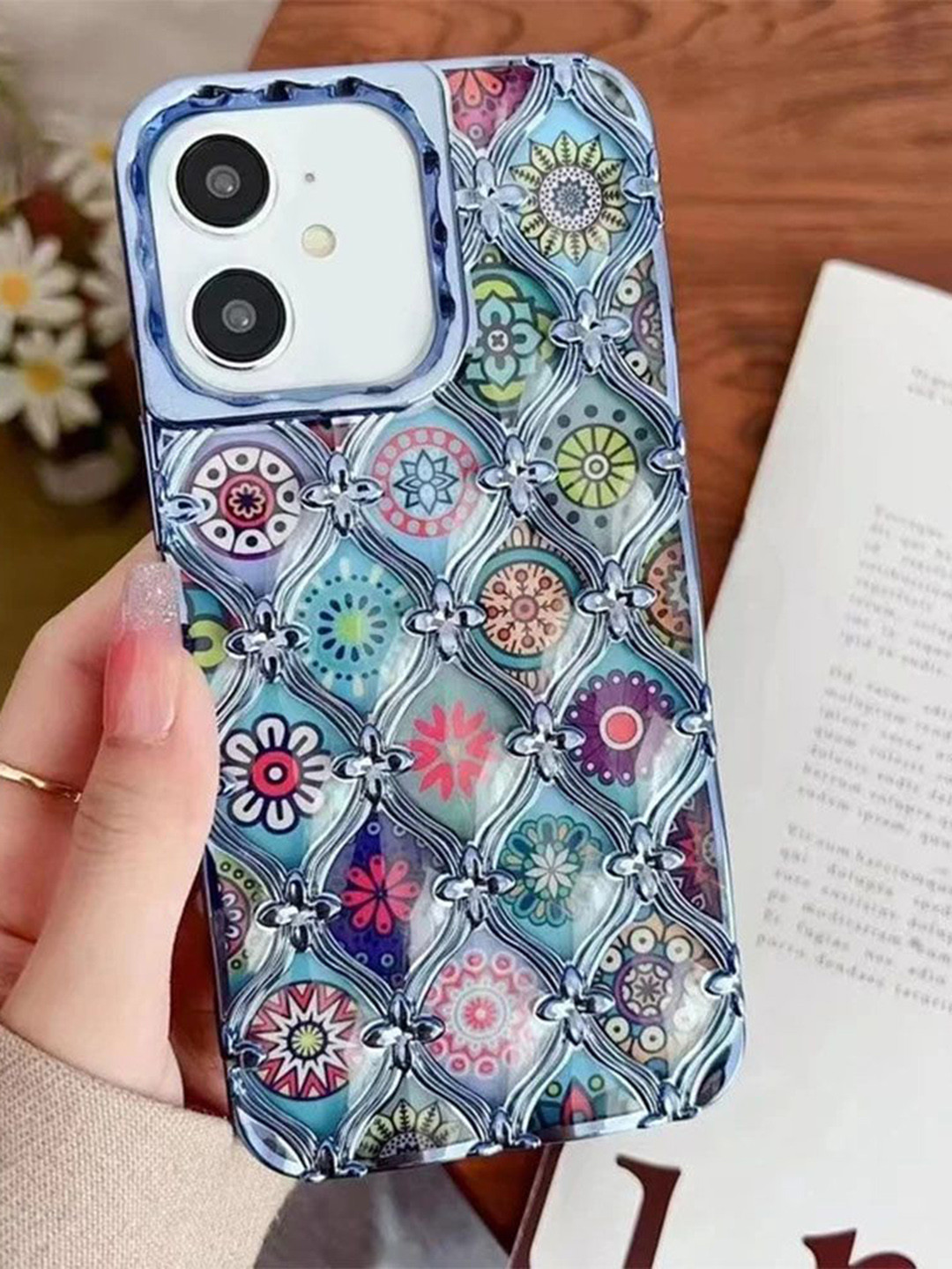 

Luxury Kase LK125 Electroplated Shell Star Flower Pattern iPhone 12 Back Case, Blue