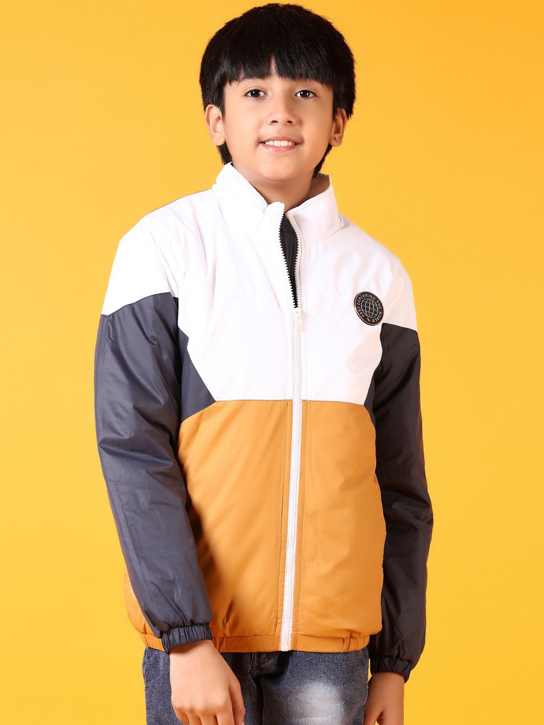 

V-Mart Boys Mock Collar Colourblocked Cotton Casual Bomber Jacket, Mustard