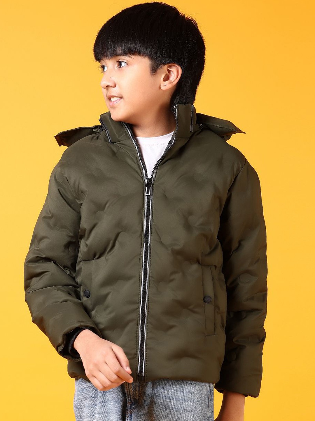 

V-Mart Boys Hooded Solid Cotton Casual Puffer Jacket, Olive