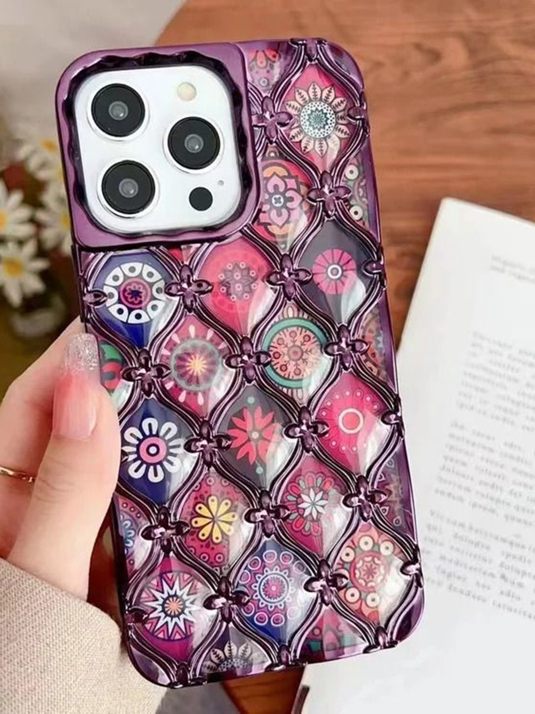 

Luxury Kase LK125 Electroplated Shell Star Flower Pattern iPhone 15 Pro Max Back Case, Purple