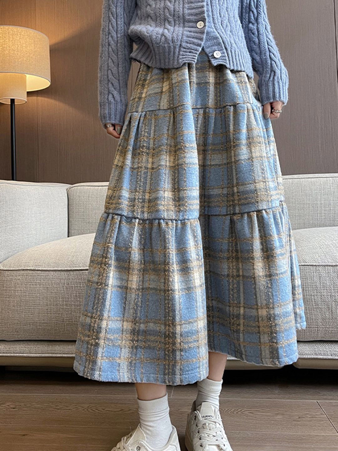 

StyleCast Women Checked Tiered Midi Skirt, Blue