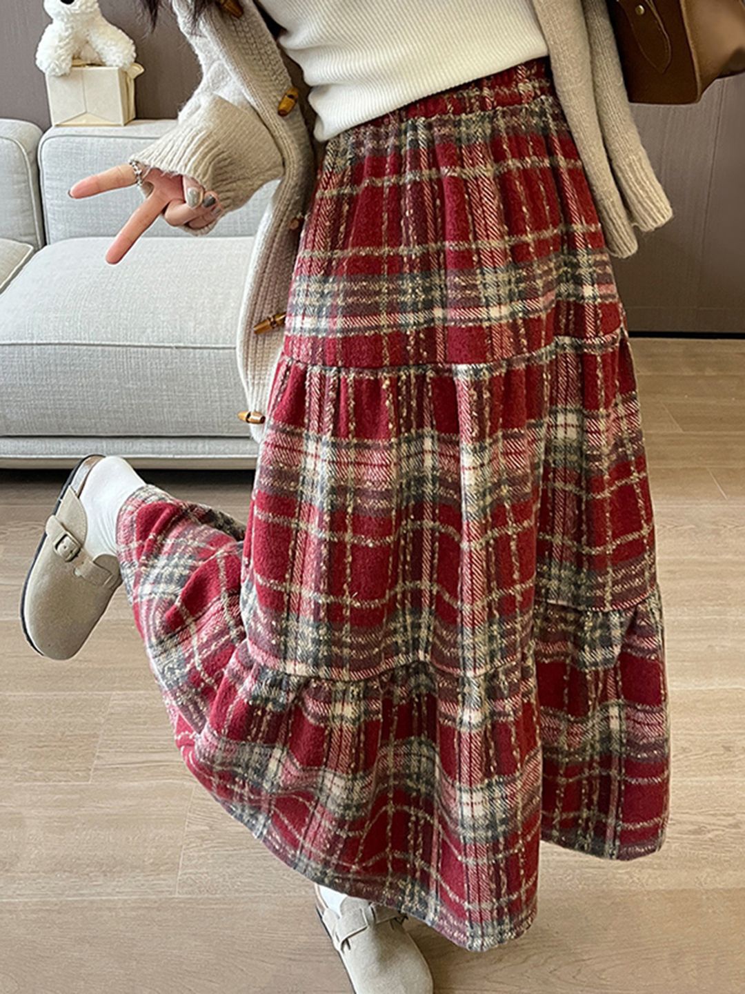 

StyleCast Women Checked Tiered Maxi Skirt, Maroon