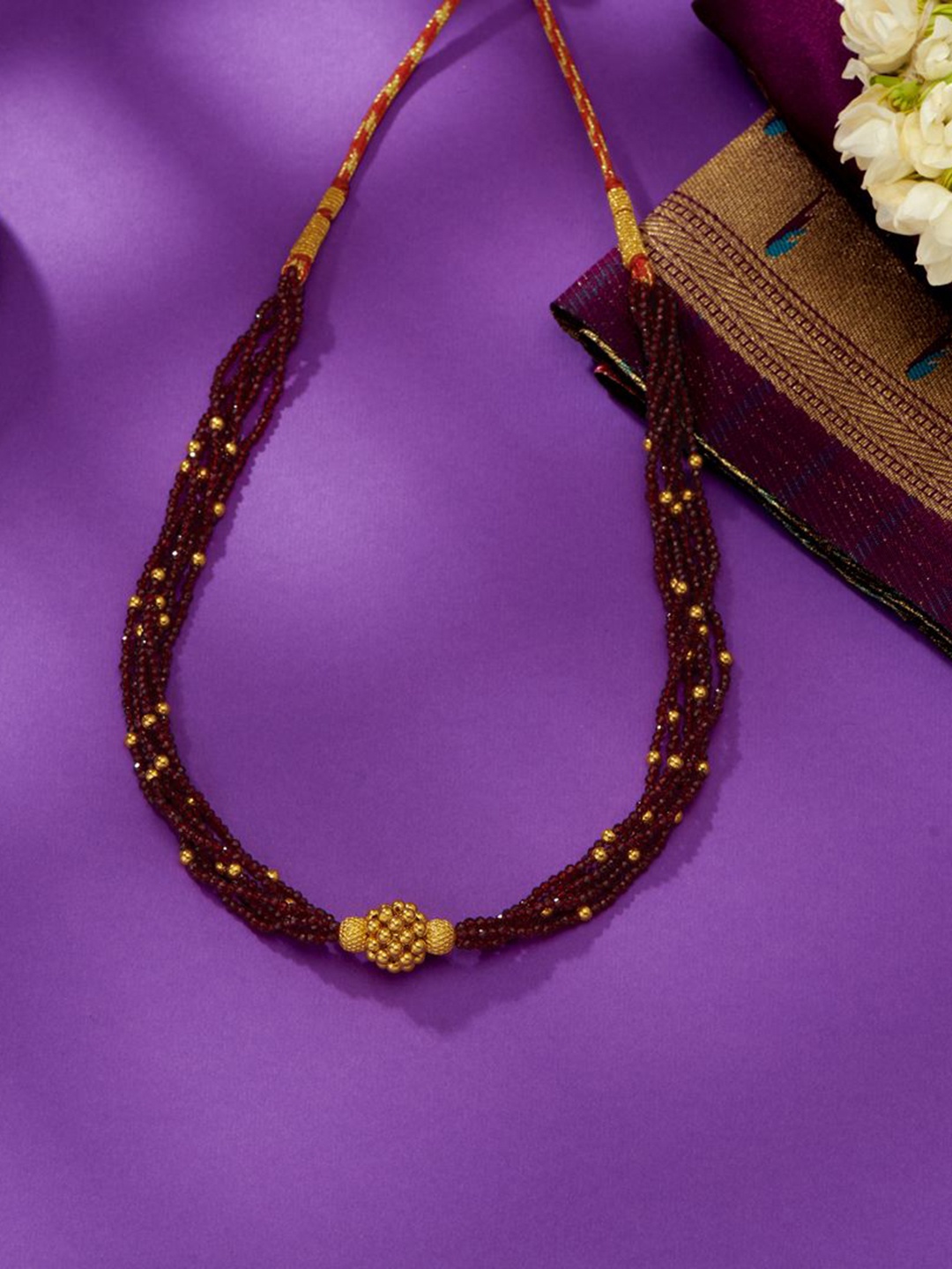 

P N GADGIL JEWELLERS Deep Maroon Yellow Gold Thushi Necklace For Woman