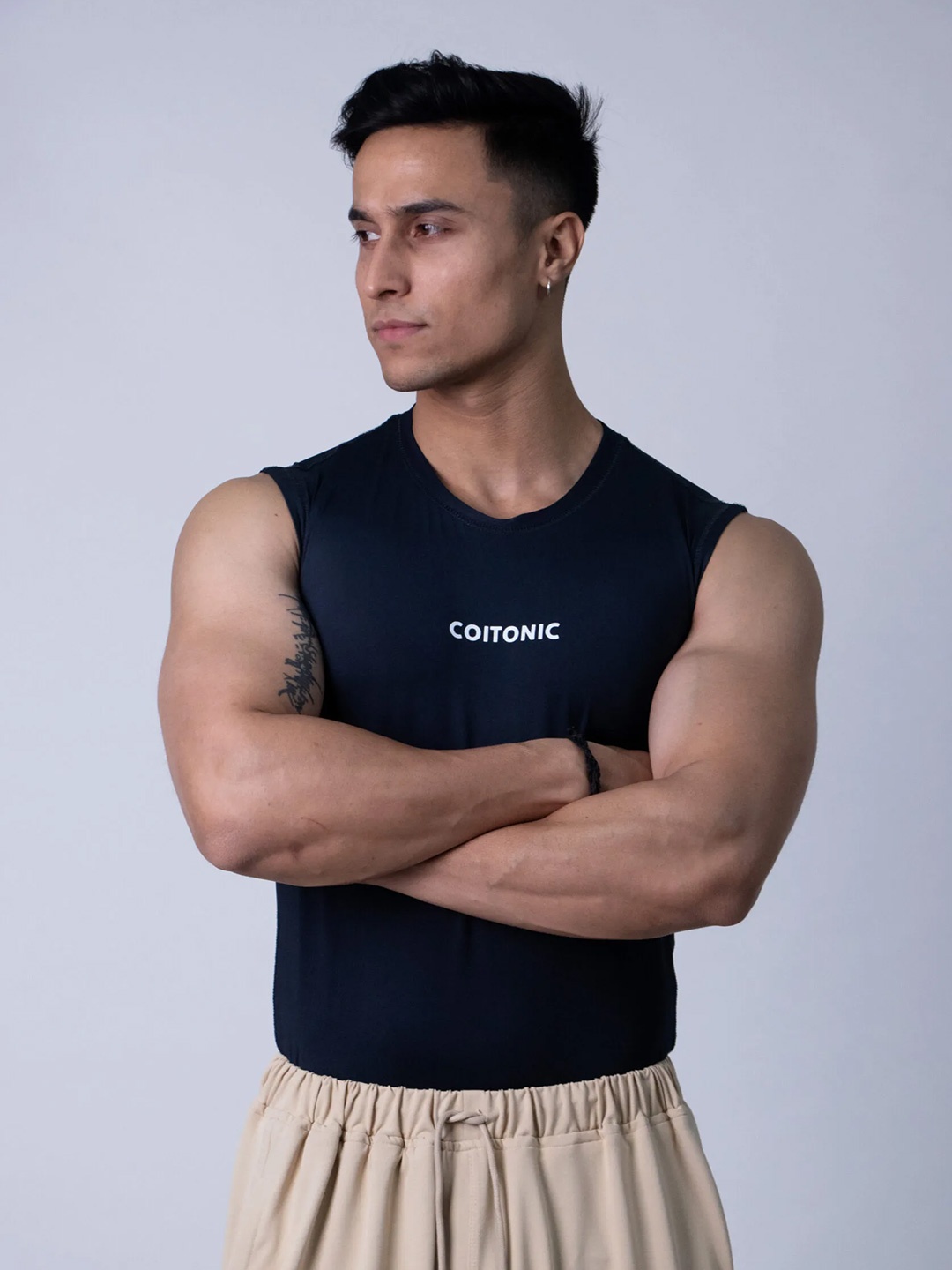 

Coitonic Men Typography Printed Sleeveless Compression Tank Tshirt, Navy blue