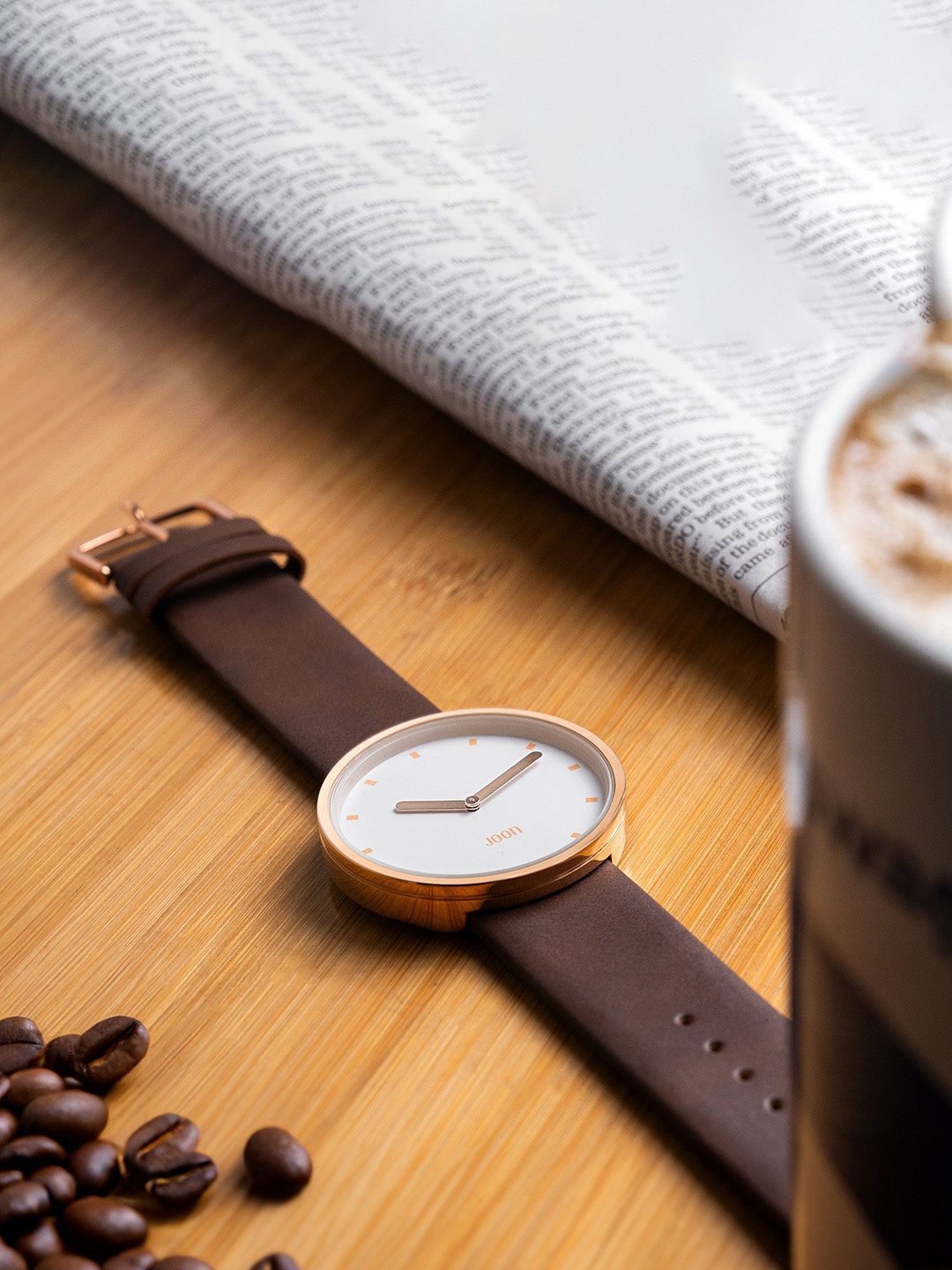 

JOON Unisex Brass Printed Dial & Leather Bracelet Style Straps Analogue Watch Mocha, White