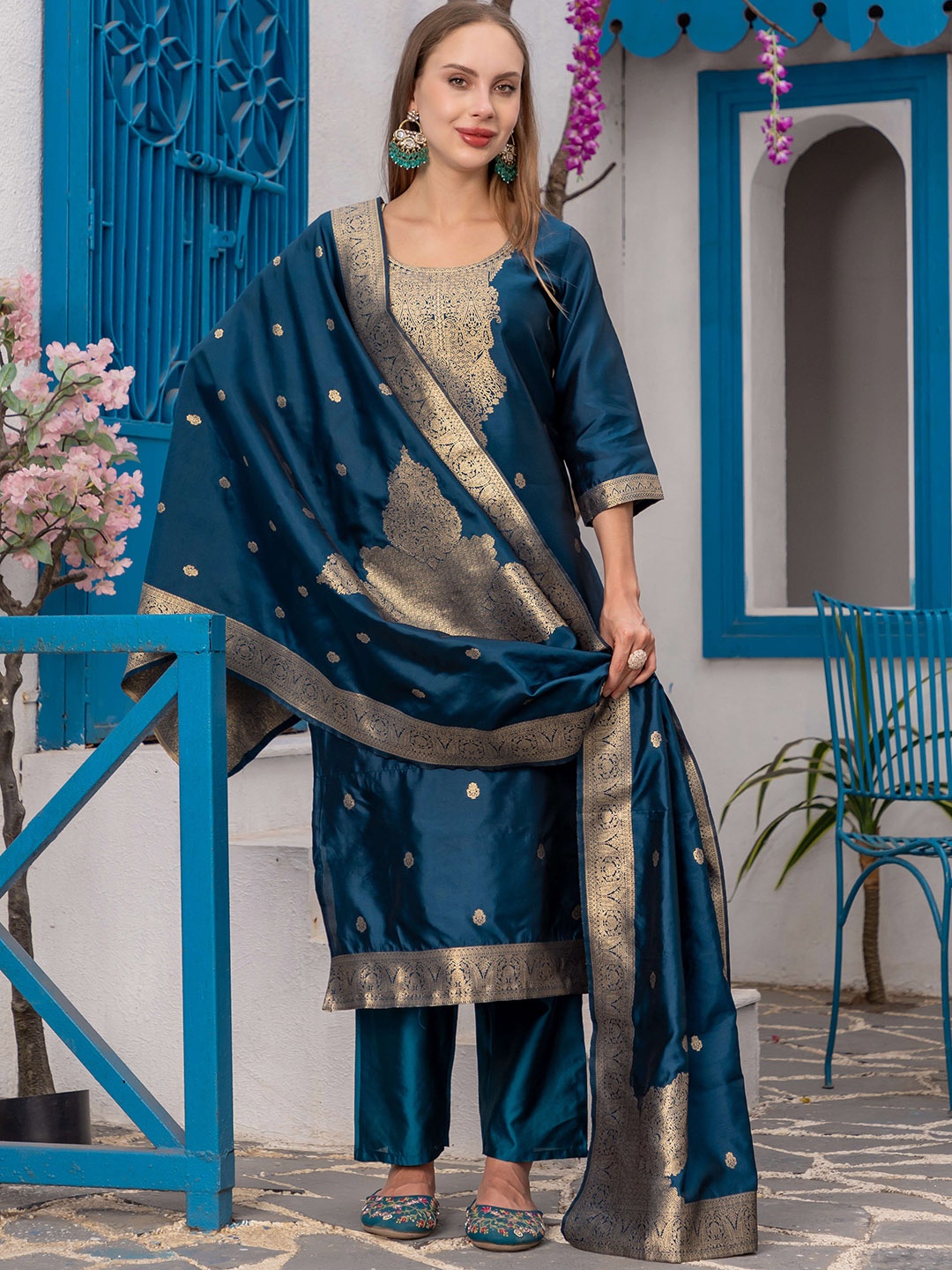 

Rujave Paisley Woven Design Round Neck Straight Kurta With Trousers & Dupatta, Teal