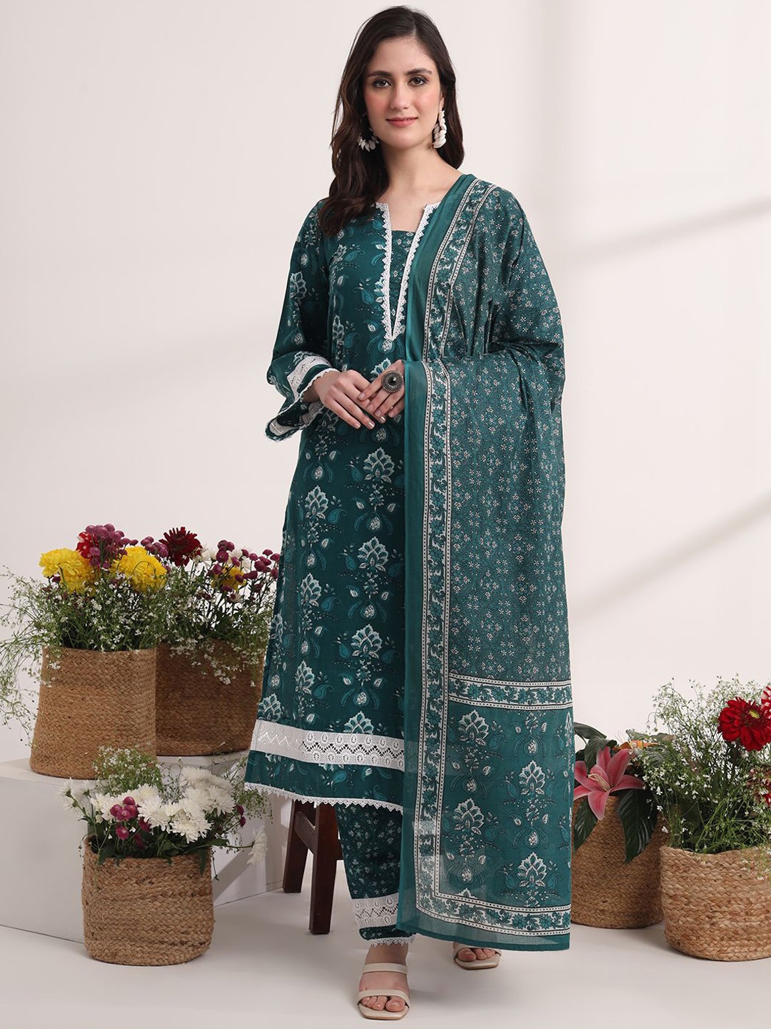 

Yufta Floral Printed Pure Cotton Pakistani style Kurta with Trousers & Dupatta, Teal