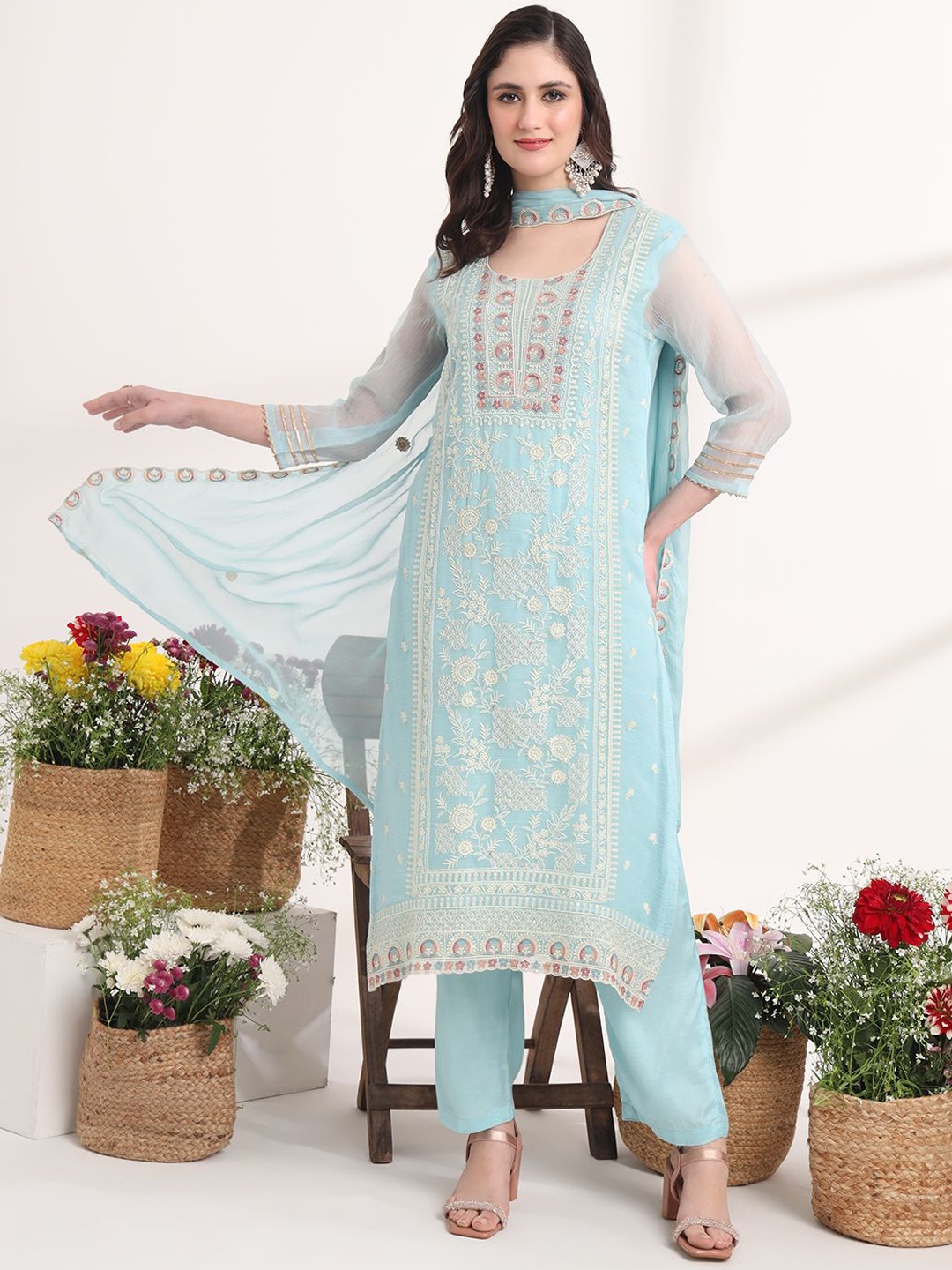 

Yufta Floral Embroidered Thread Work Straight Kurta with Trouser & Dupatta, Blue