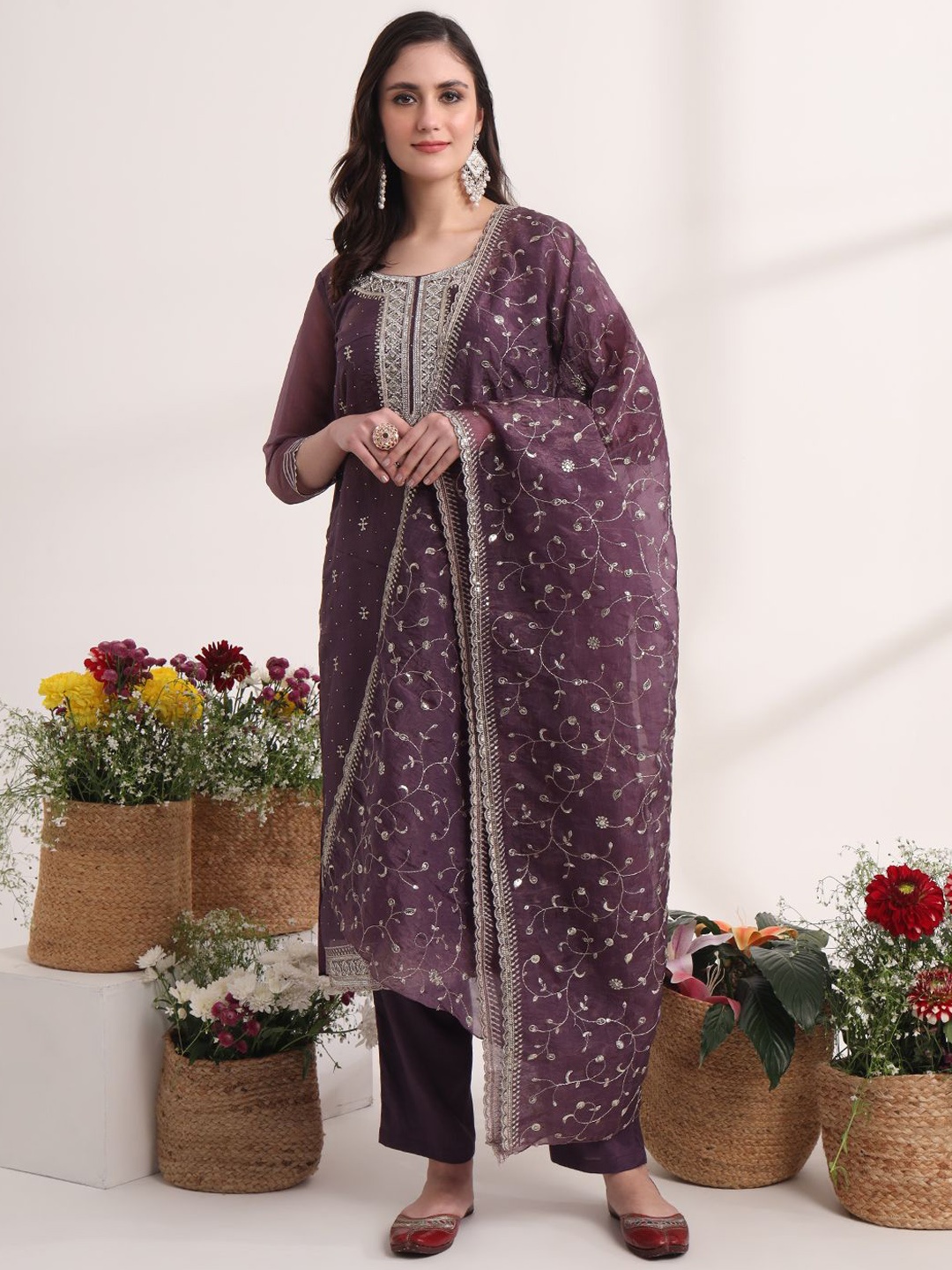 

Yufta Floral Embroidered Straight Kurta with Trousers & Dupatta, Purple